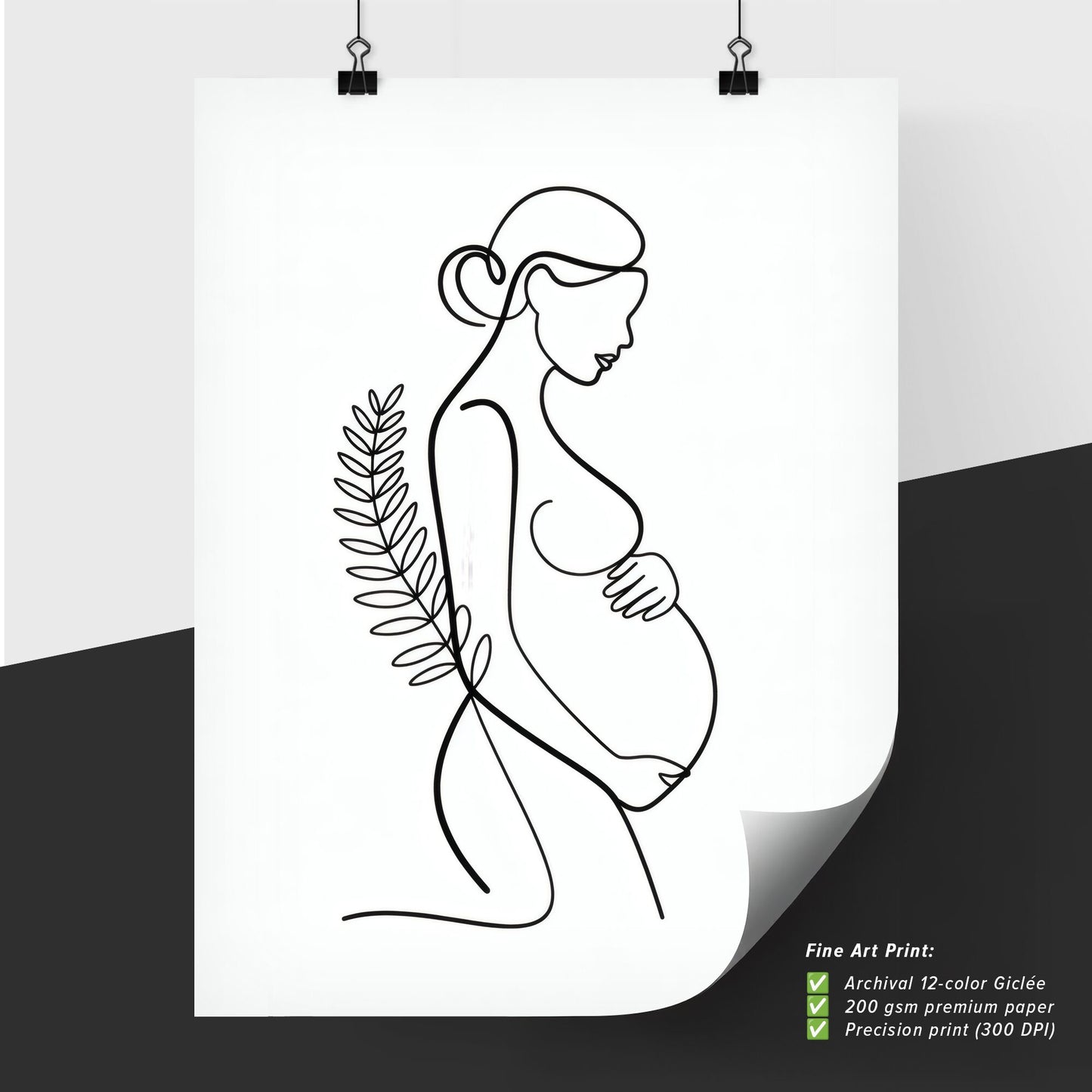 Minimalist Line Art of Pregnant Woman Embracing Her Baby Bump with Botanical Elements