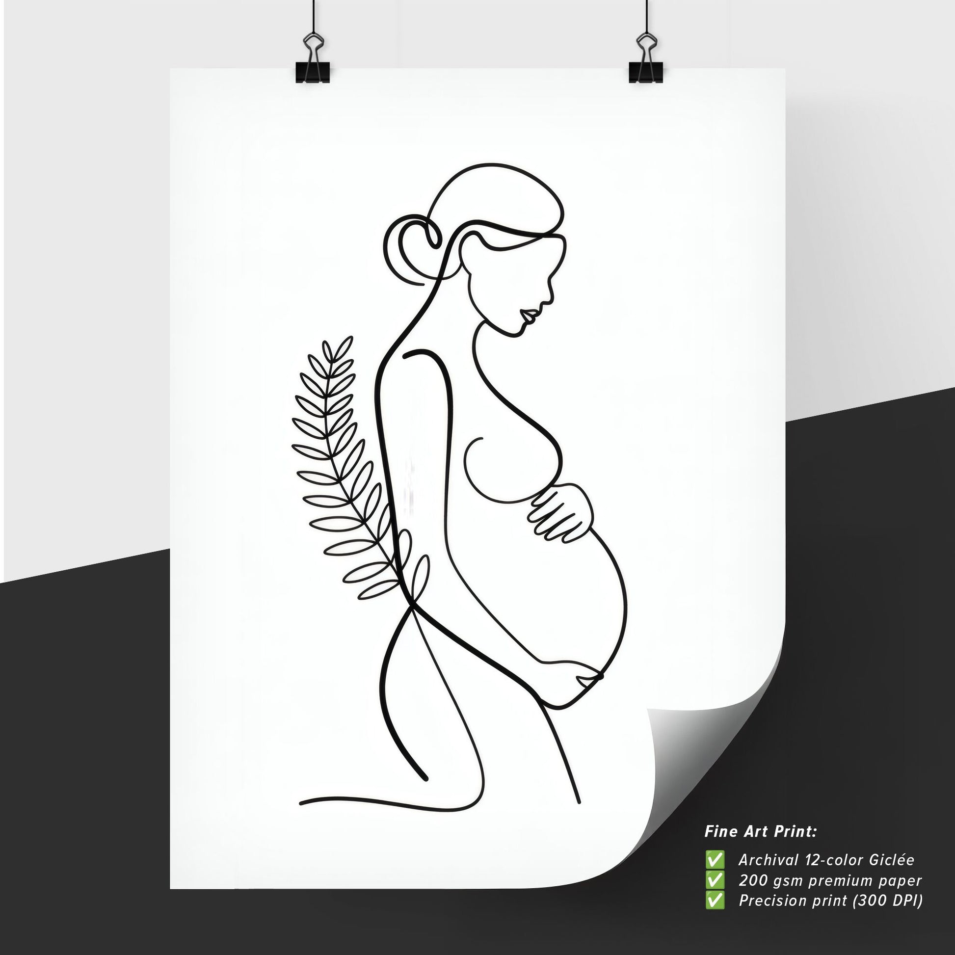 Minimalist Line Art of Pregnant Woman Embracing Her Baby Bump with Botanical Elements