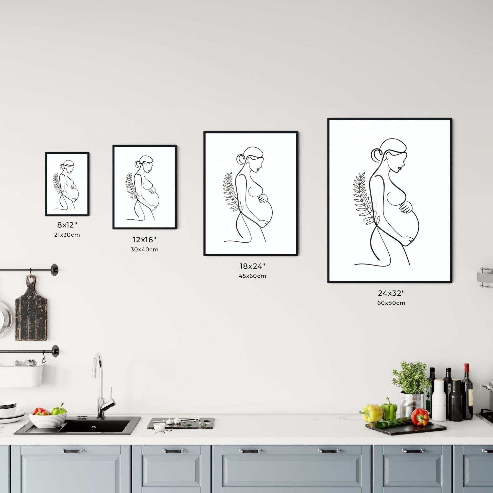 Minimalist Line Art of Pregnant Woman Embracing Her Baby Bump with Botanical Elements Chart