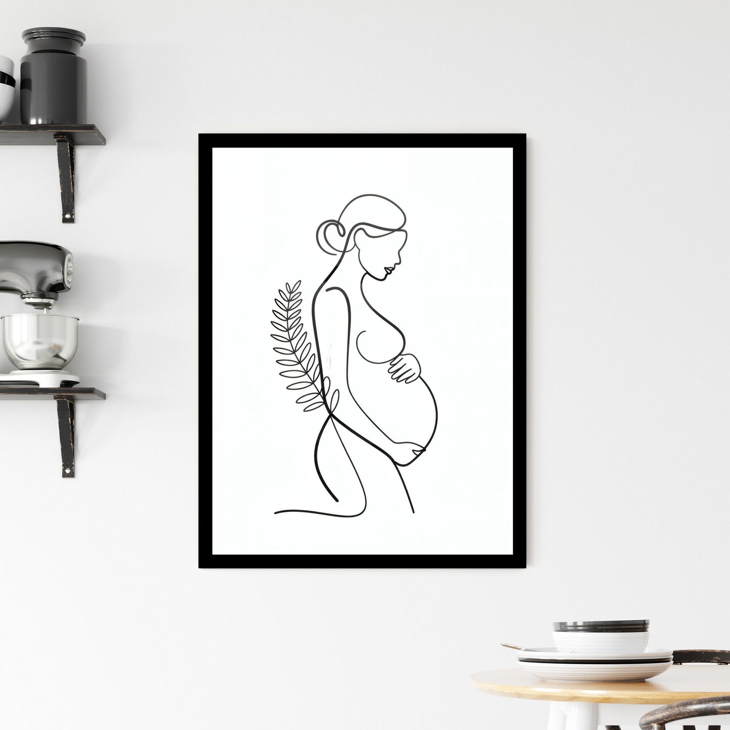 Minimalist Line Art of Pregnant Woman Embracing Her Baby Bump with Botanical Elements Framed Print