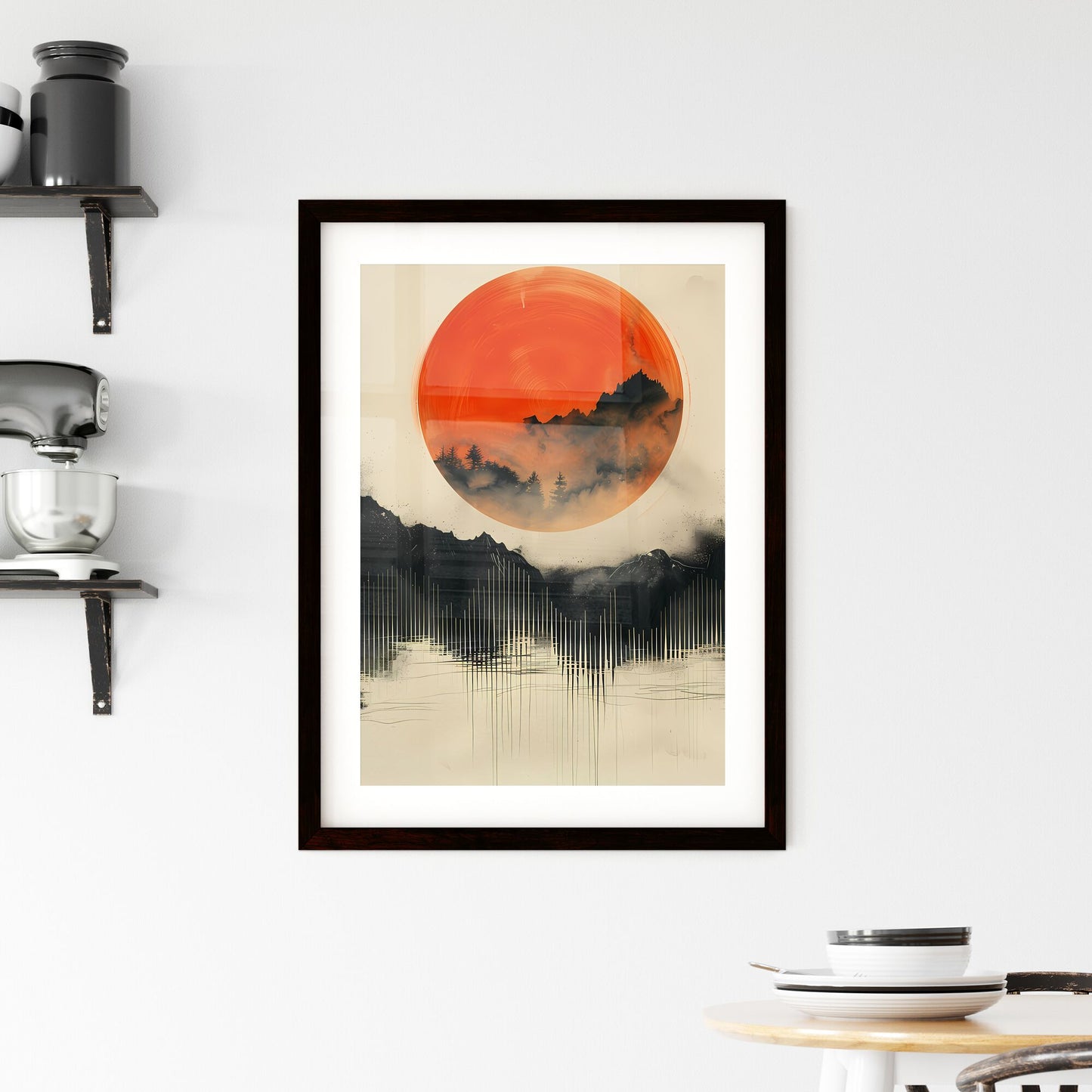 Vibrant Minimalist Abstract Black and White Line Art Circle Sun Stripes Mountains Painting Default Title