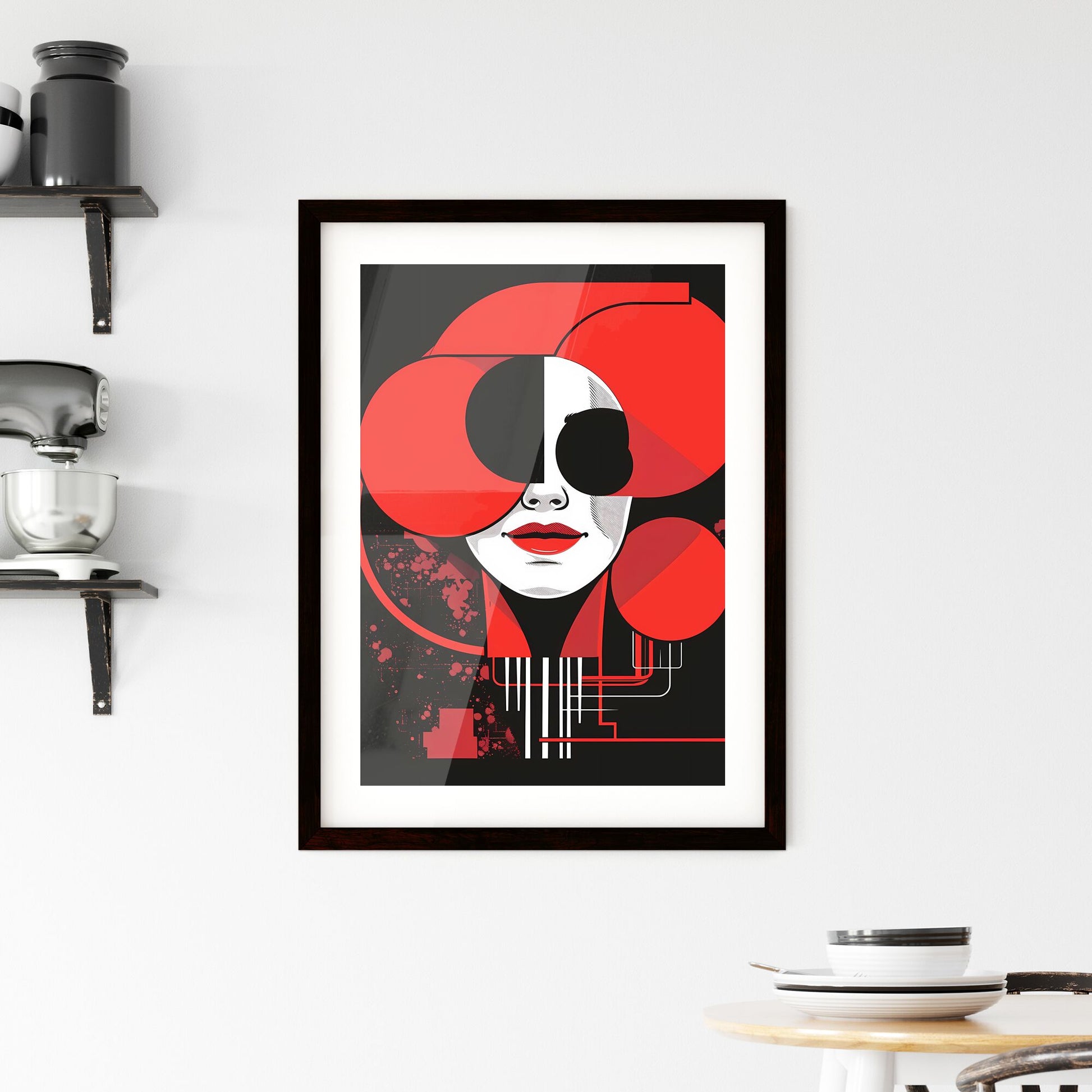 AI Workshop Poster: Modern Swiss-Style Art Depicting an Intriguing Woman's Face with Red Lips and Black Eye Patch Default Title