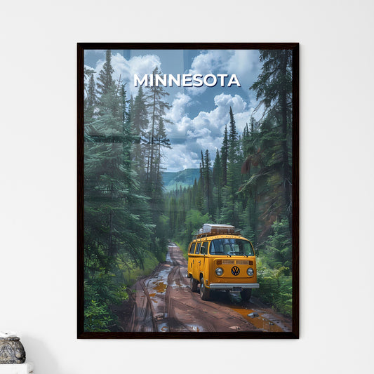 Vibrant Painting of Yellow Van on Muddy Forest Road Minnesota USA Art