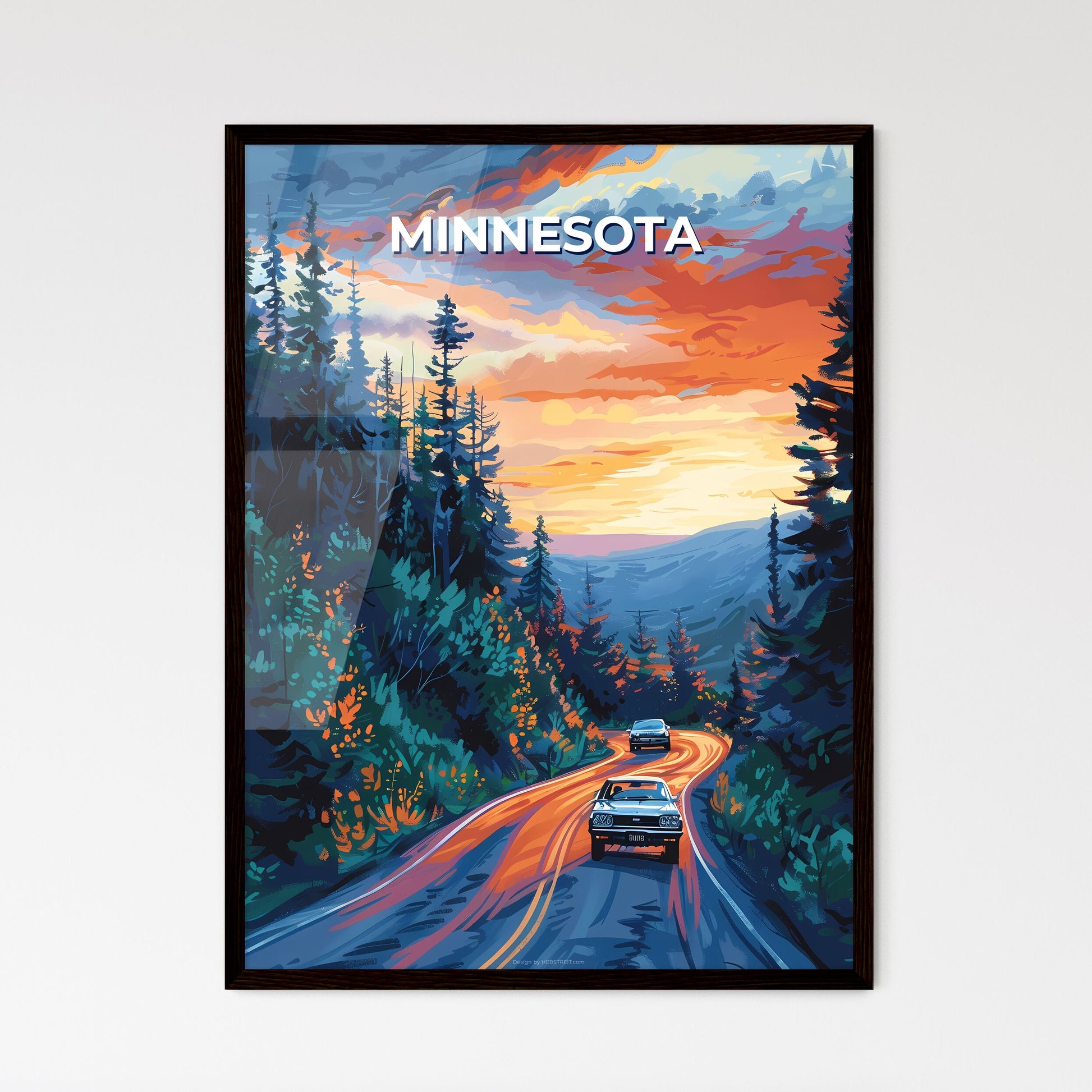 Vibrant Painting of Cars on Road in Minnesota, USA with Trees and Mountains Landscape