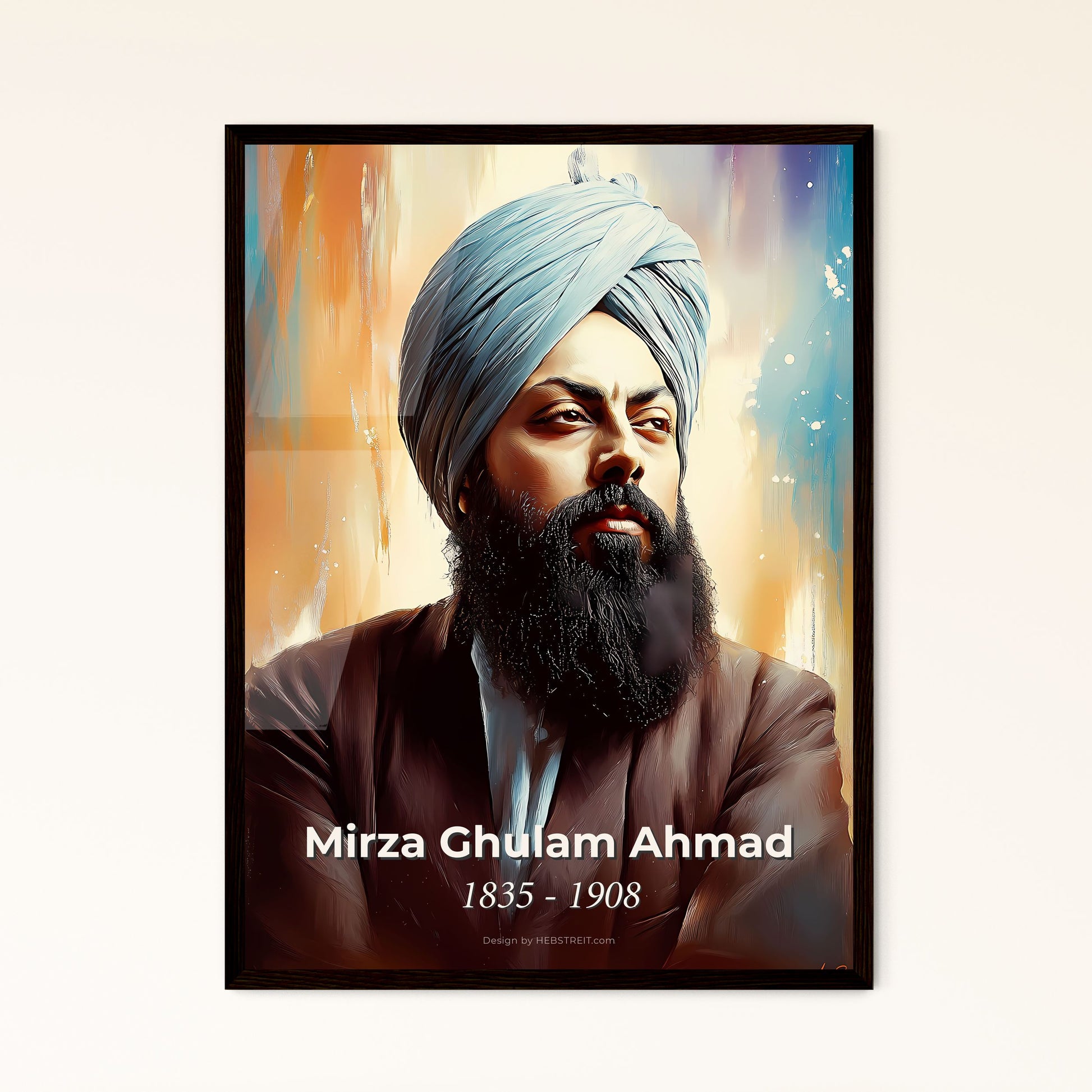 Portrait of Mirza Ghulam Ahmad, 1835 - 1908. Impressionistic painting of a man with a turban and beard.