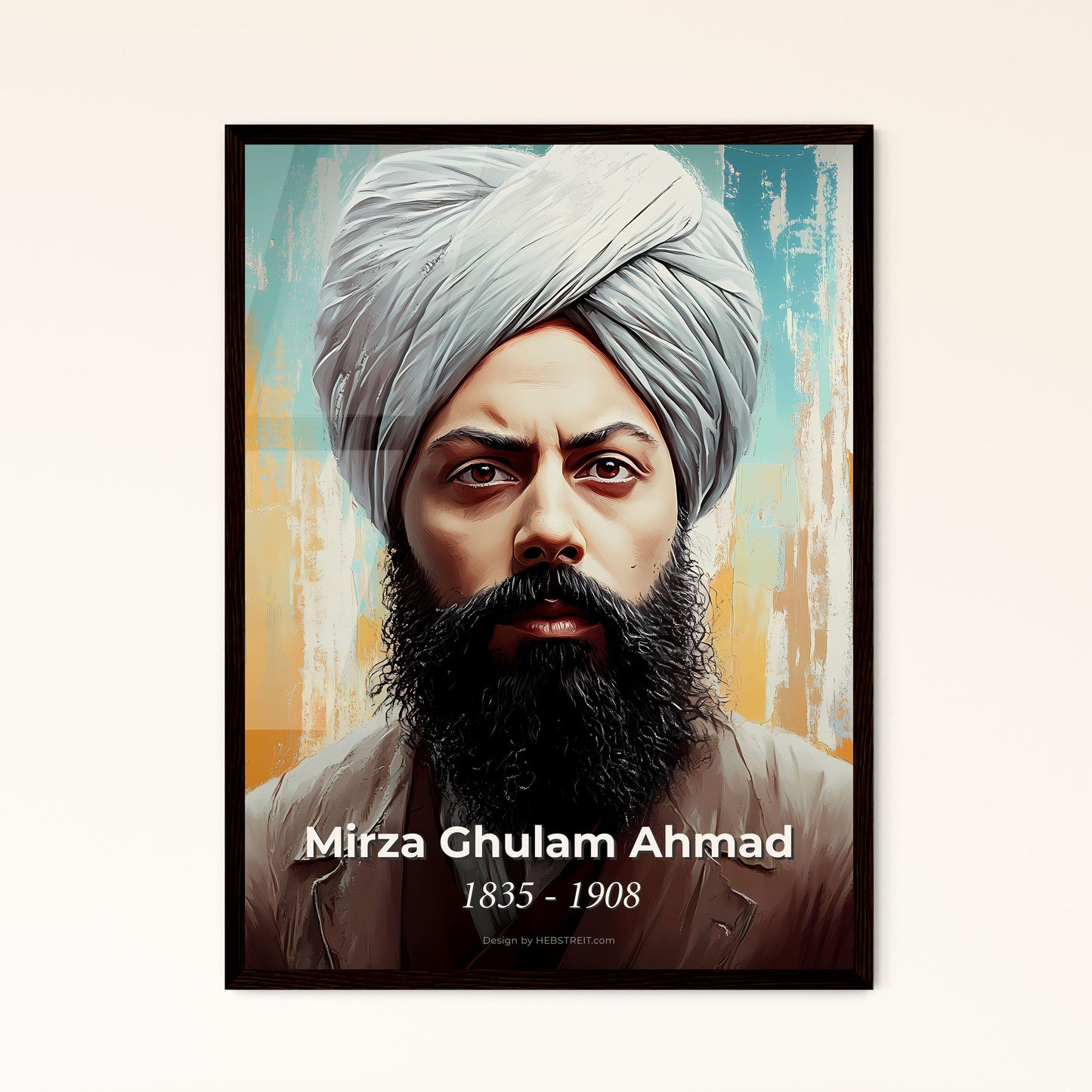 Portrait of Mirza Ghulam Ahmad, 1835 - 1908. Impressionistic painting of a man with a beard and turban.