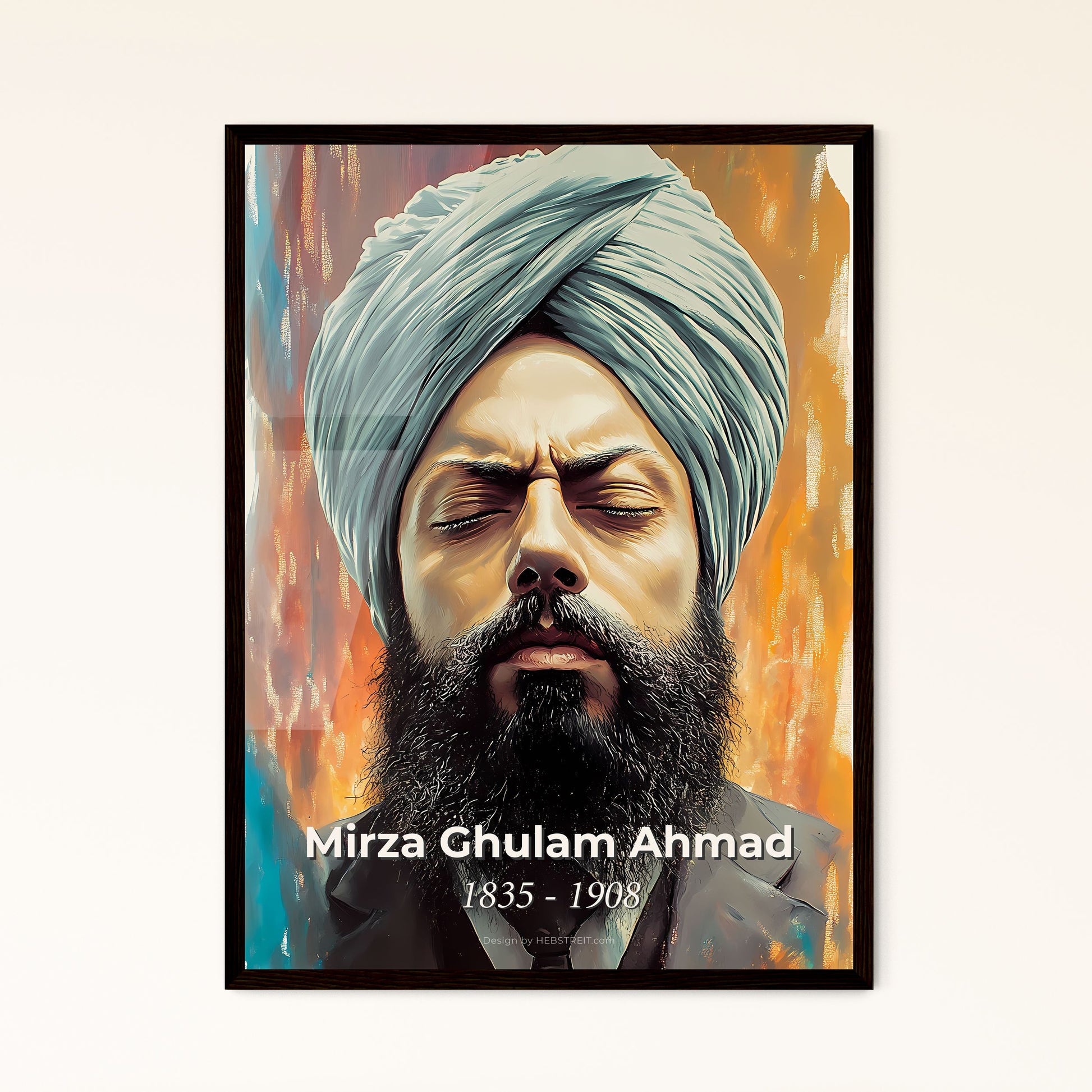 Portrait of Mirza Ghulam Ahmad, 1835 - 1908. Impressionistic painting of a man with a beard and turban.