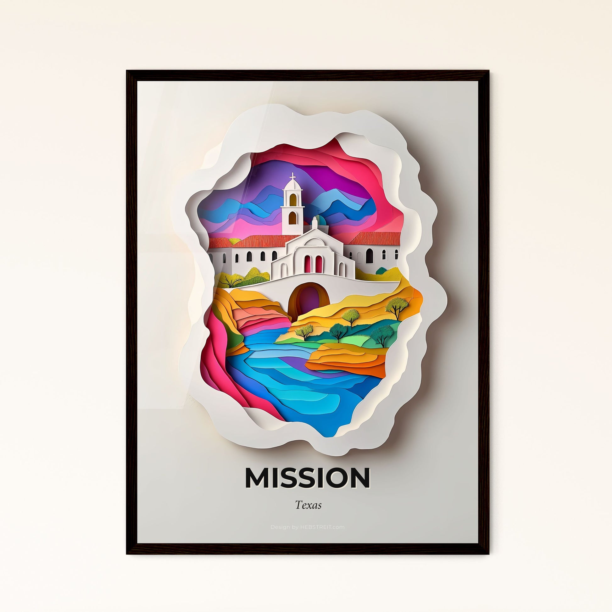 Vivid Mission, Texas - a paper cut of a church and a river