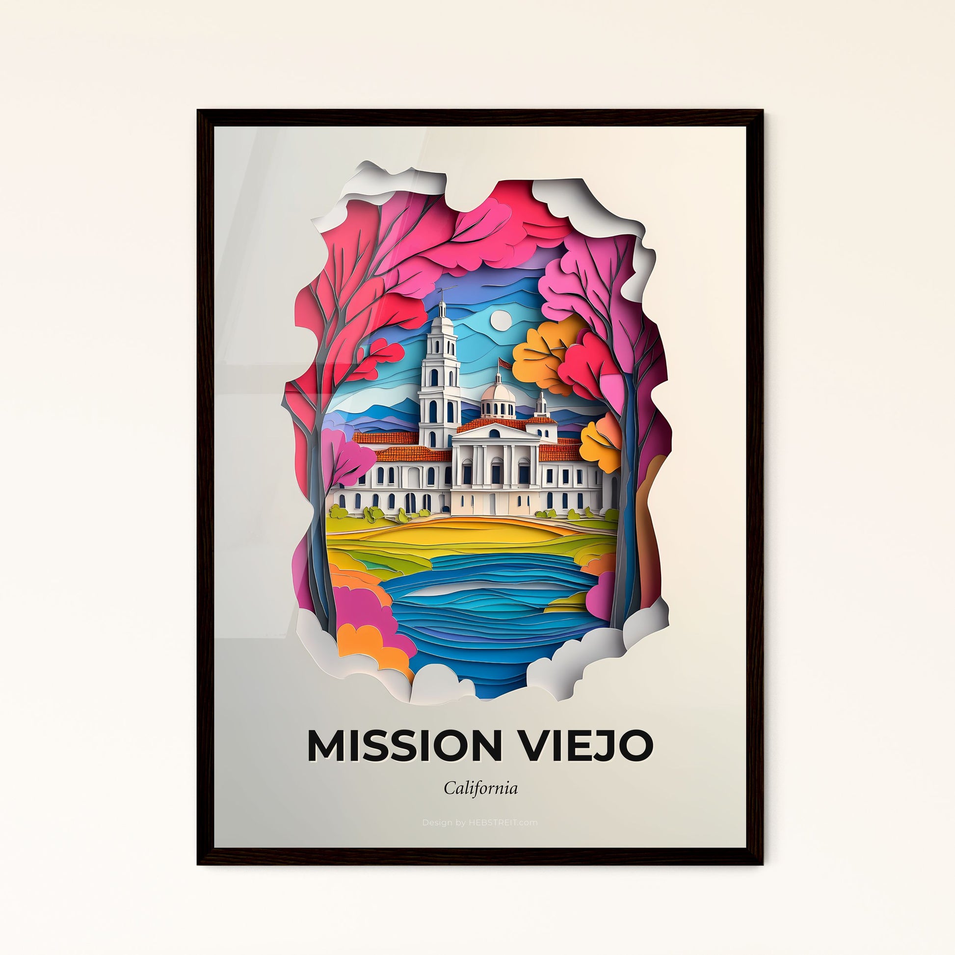 Vivid Mission Viejo, California - a paper cut of a church with a river in the foreground