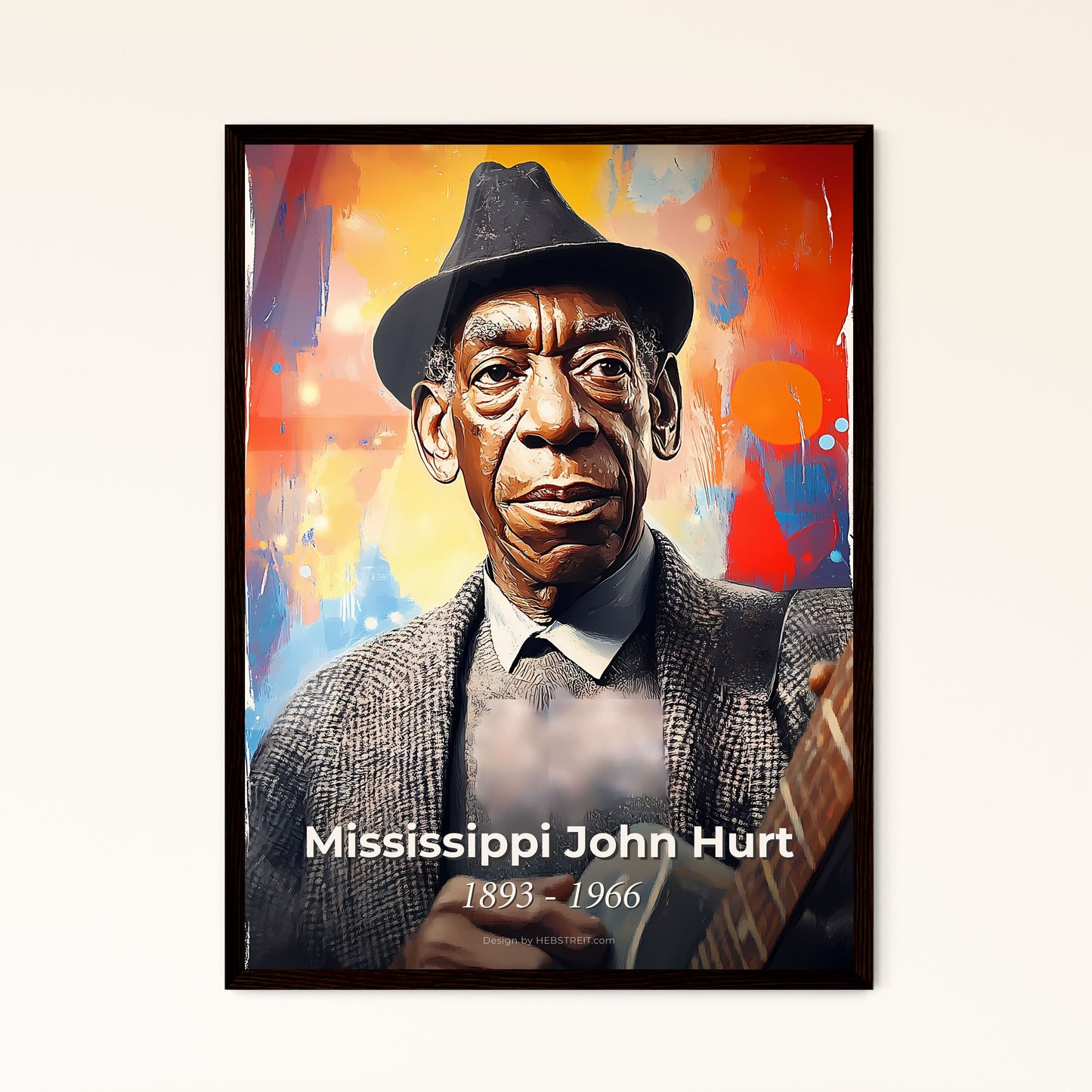 Portrait of Mississippi John Hurt, 1893 - 1966. Impressionistic painting of a man holding a guitar.