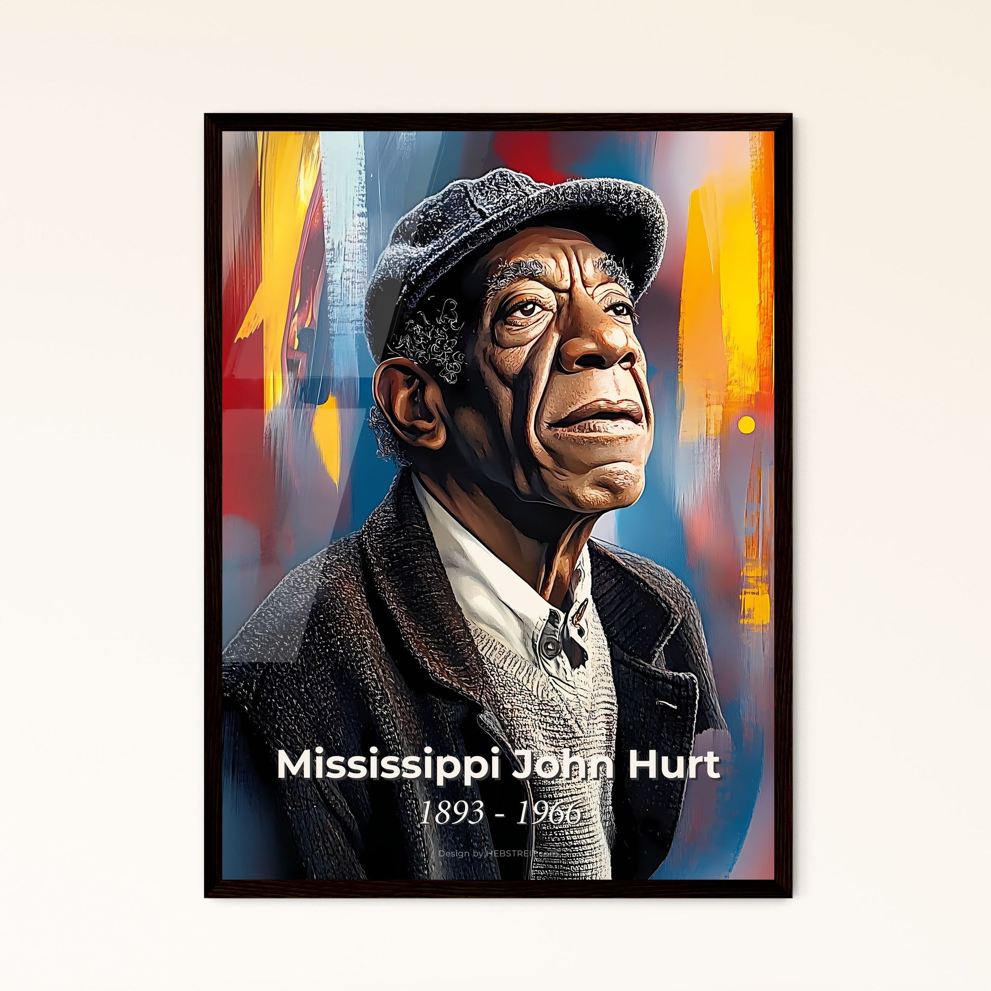 Portrait of Mississippi John Hurt, 1893 - 1966. Impressionistic painting of a man in a hat.