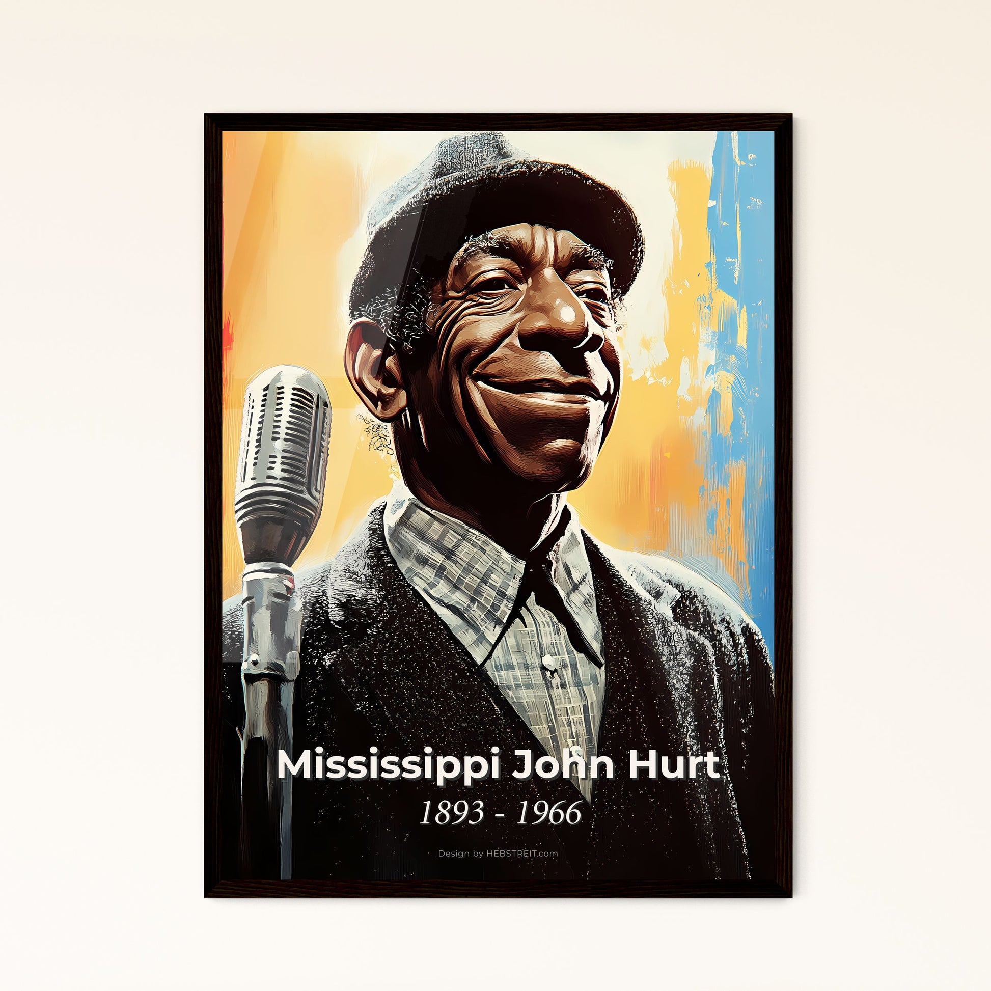 Portrait of Mississippi John Hurt, 1893 - 1966. Impressionistic painting of a man holding a microphone.