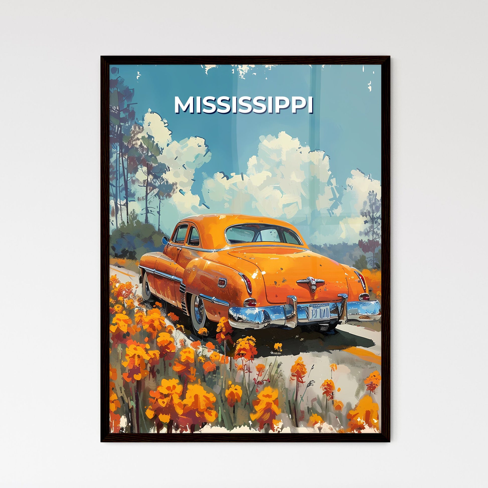 Mississippi Highway Floral Painting, Vibrant Orange Car Amidst Blossoms