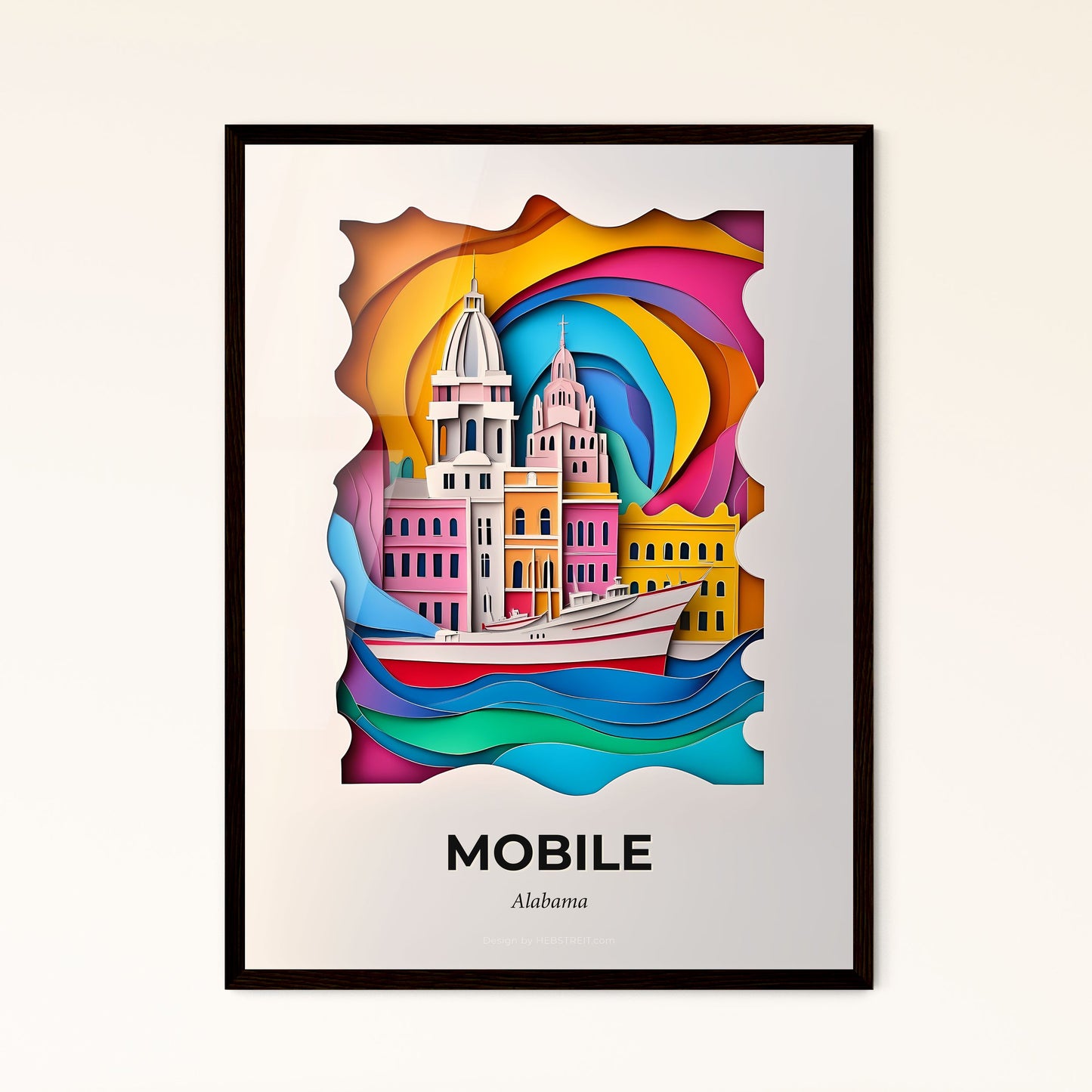 Vivid Mobile, Alabama - a paper cut of a city with a boat