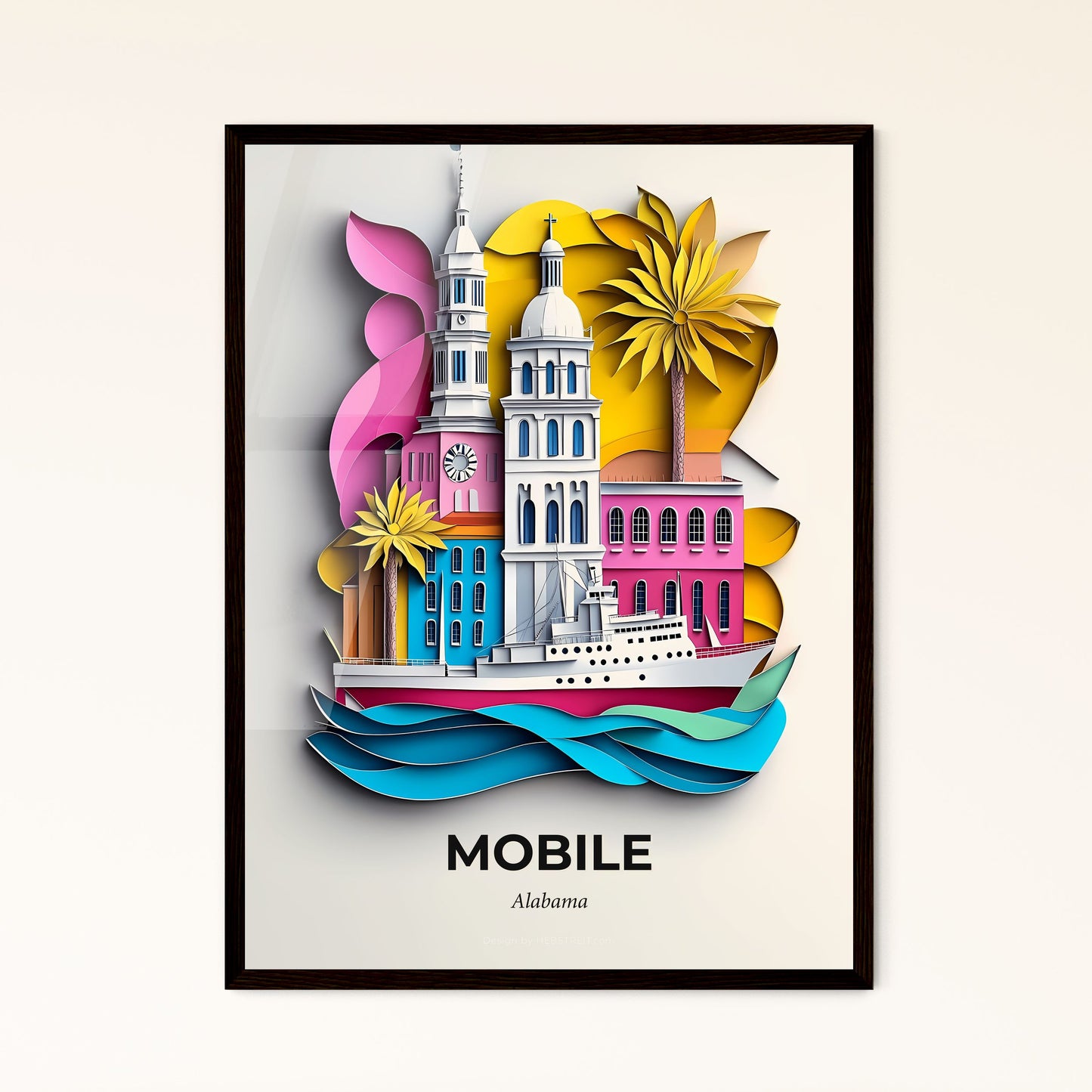 Vivid Mobile, Alabama - a paper cut of a city with a boat