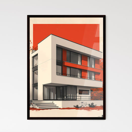 Modern Bauhaus Poster Painting Vibrant Red and White Building Clear Geometry Flat Style Framed Art