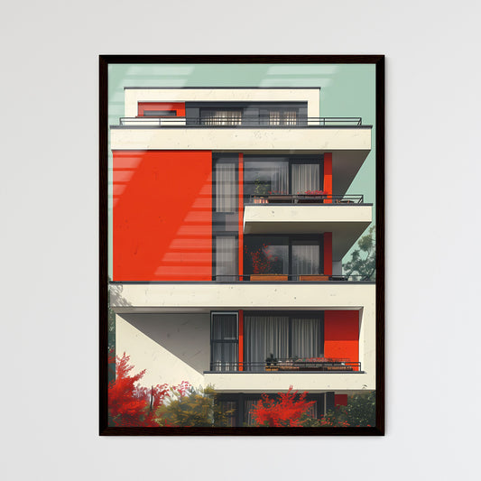 Modernist Art Deco Style Painting Depicting a 1-Story Building with Red and White Walls and Geometric Shapes Framed Art