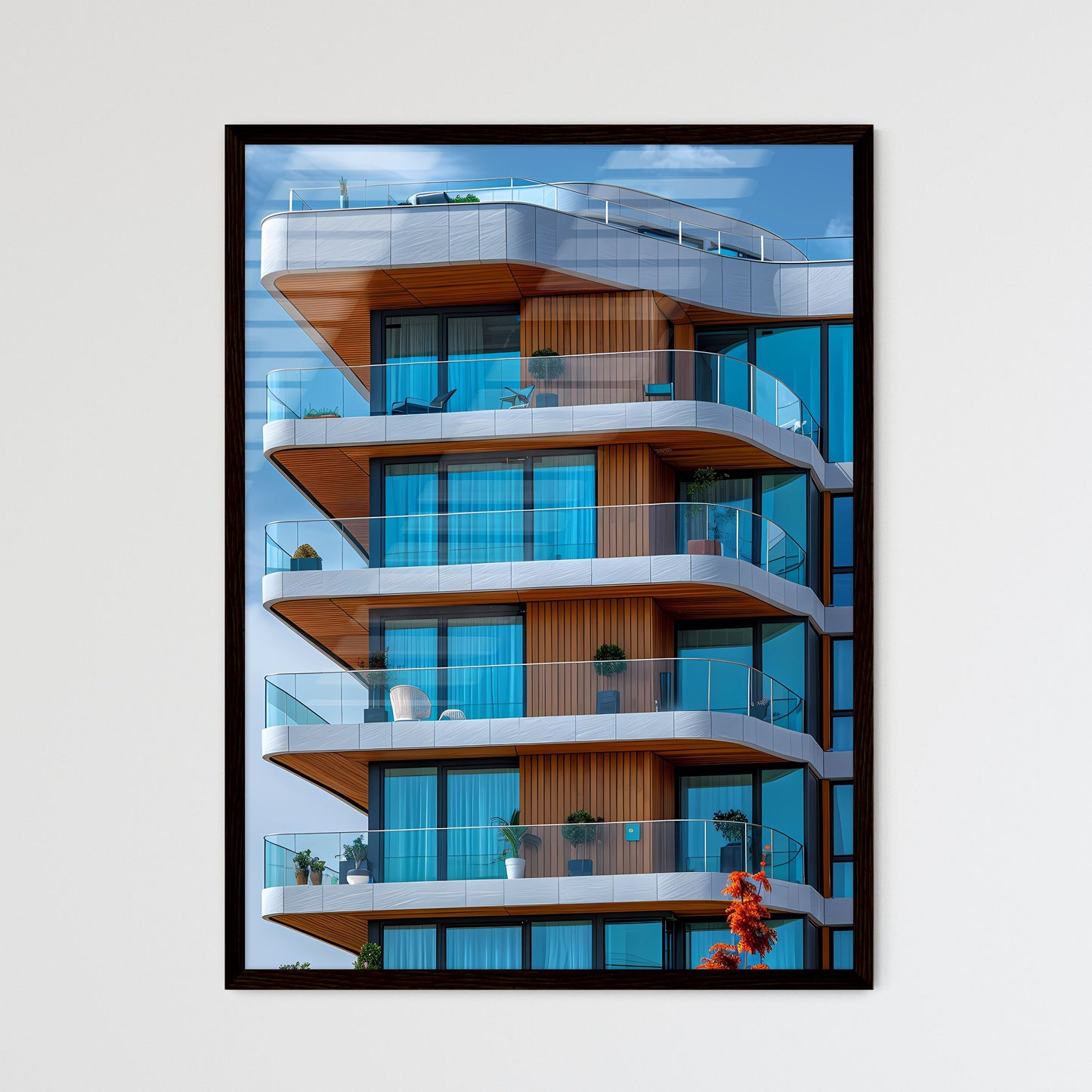 Vibrant Painting Showcasing Architectural Lines and Blue Skies with Multiple Balconies Framed Art