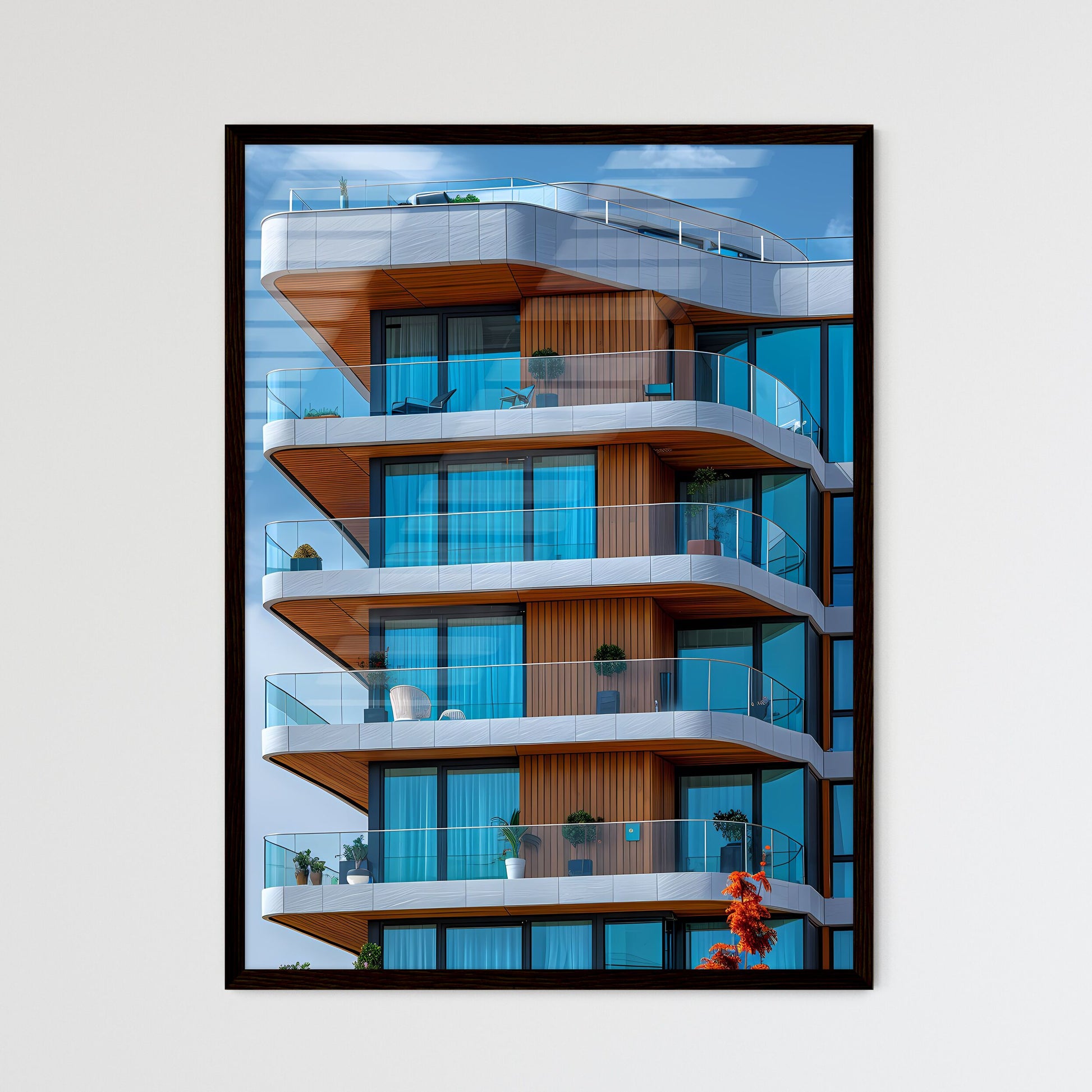 Vibrant Painting Showcasing Architectural Lines and Blue Skies with Multiple Balconies Framed Art