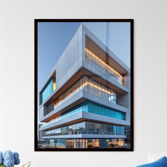 Striking Architecture Artwork: Vibrant Painting Depicting an Ethereal Building Awash in Azure Skies with a Profusion of Glass Windows Framed Art