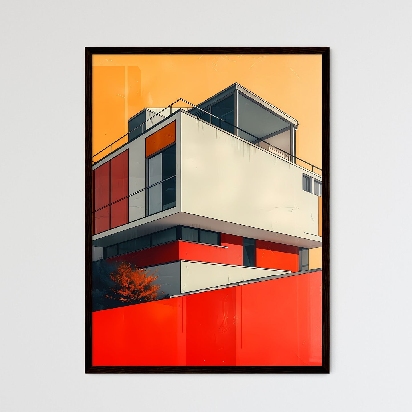 Bauhaus Architecture Painting, Geometric Balcony, Primary Colors, Art Deco Poster Style Framed Art