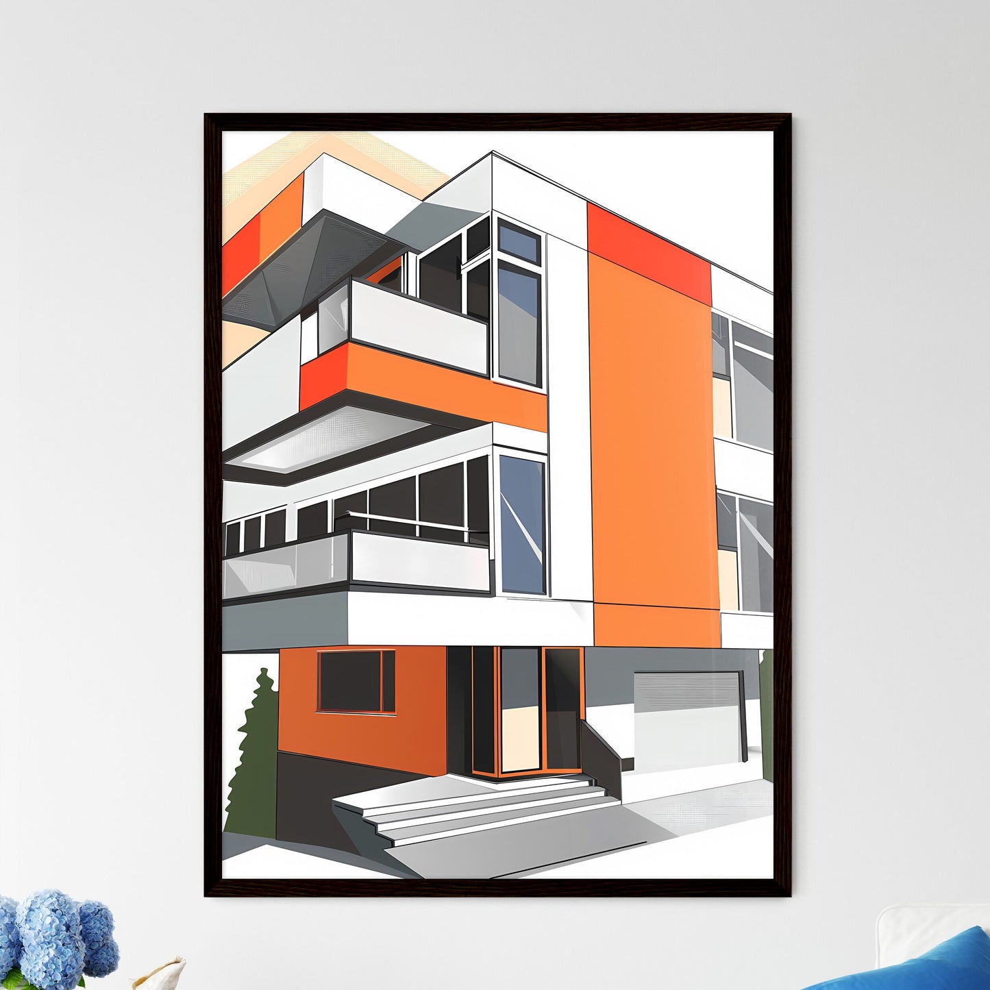 Bauhaus Geometric Painting, Flat Style, Vibrant Colors, Balcony, Art Focus Framed Art