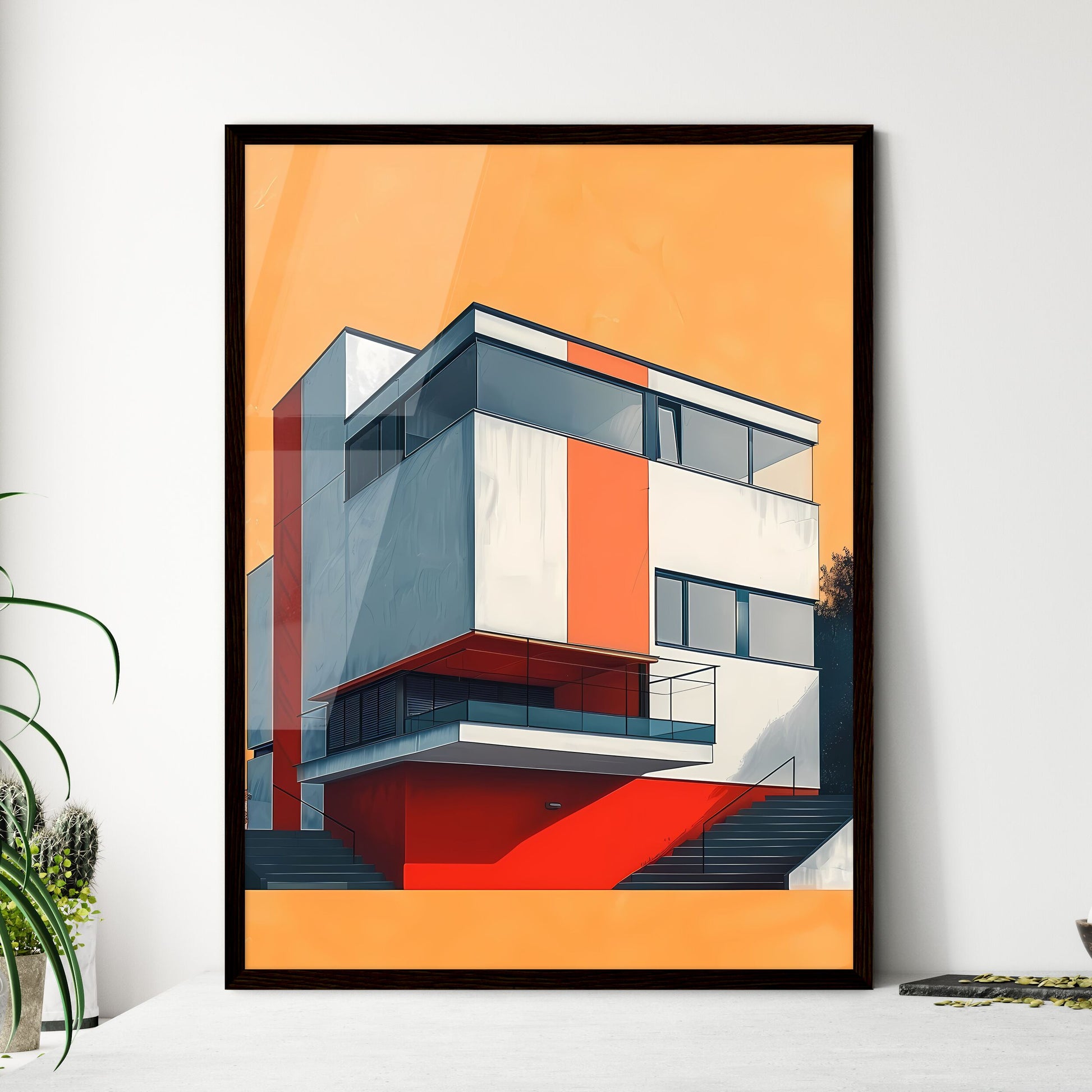 Flat Geometric Bauhaus Architecture Building in Vibrant Color Style, Highlighting Stairs and Trees Framed Art