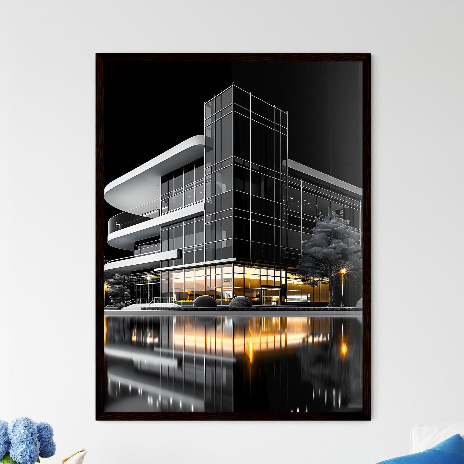 Black and White High School Architecture Design Icon, Building, Trees, Water, Vibrant Painting, Art Framed Art