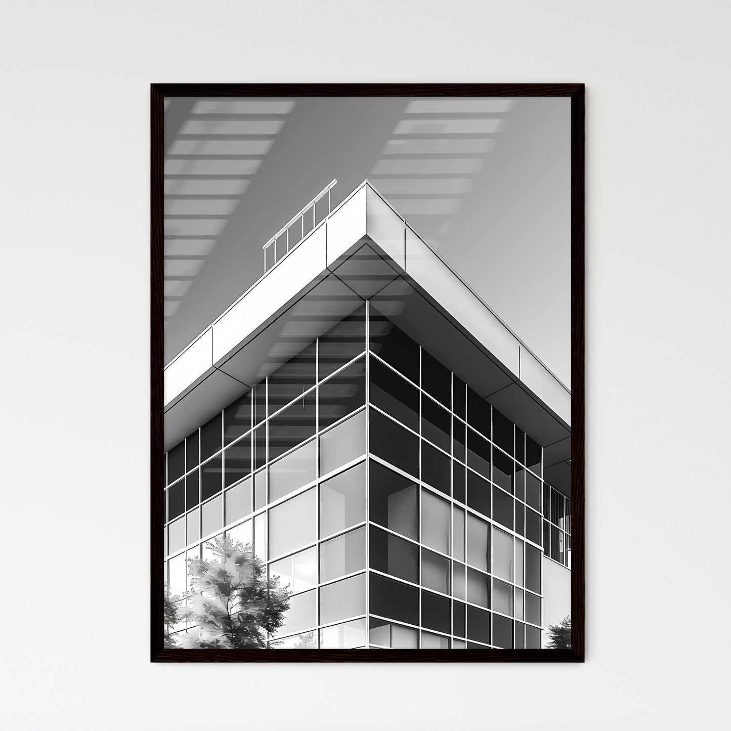 Black and White High School Architecture Design Icon, Black Background, Building with Windows, Tree Framed Art