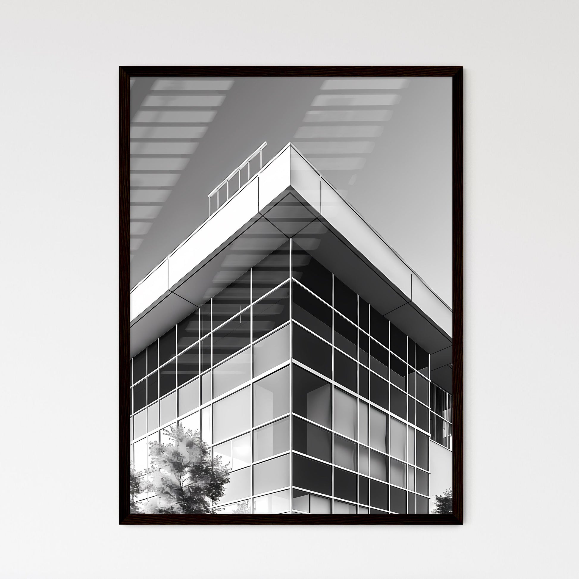 Black and White High School Architecture Design Icon, Black Background, Building with Windows, Tree Framed Art