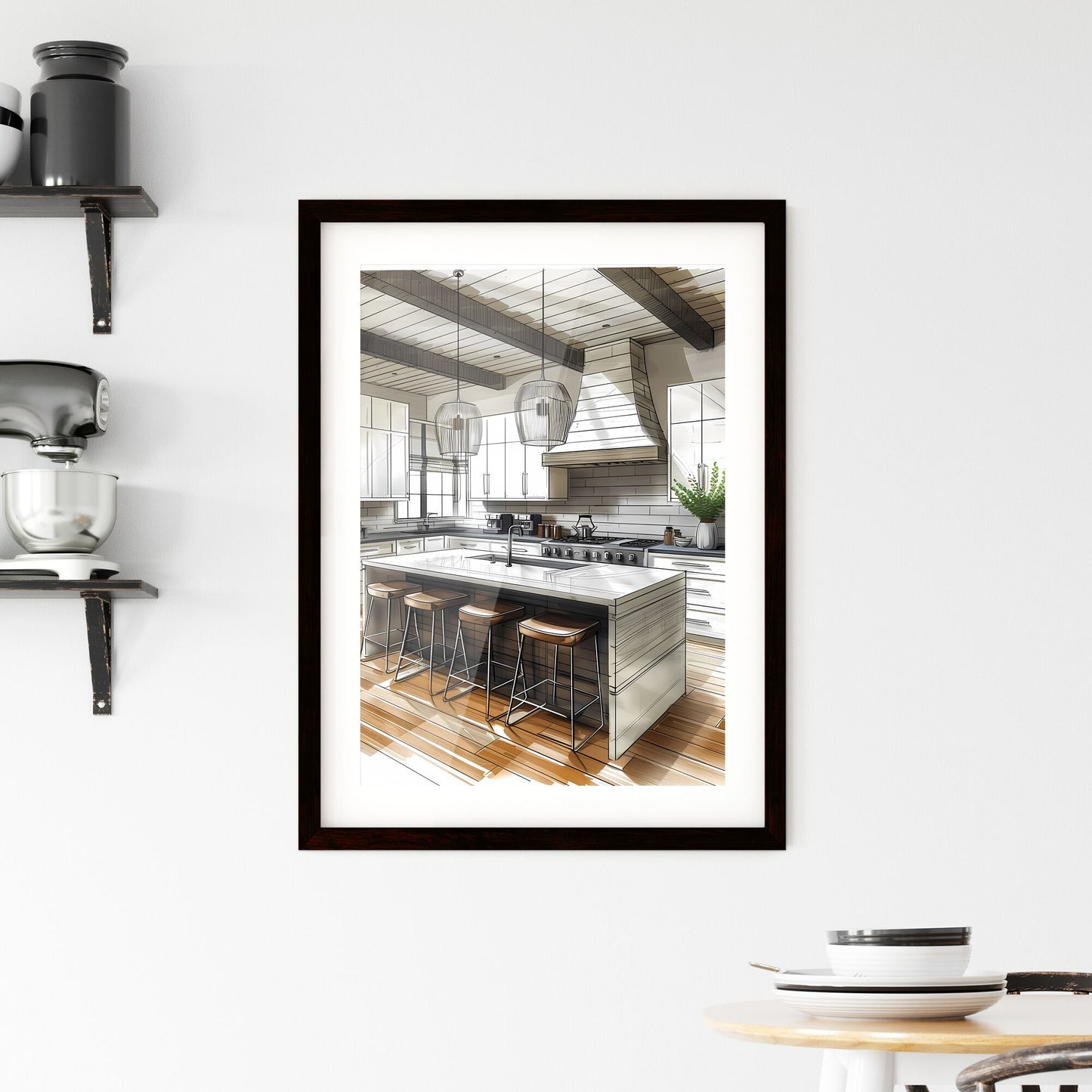 Vibrant Watercolor Kitchen Sketch: Artistic Depiction of a Cozy Cooking Space Default Title