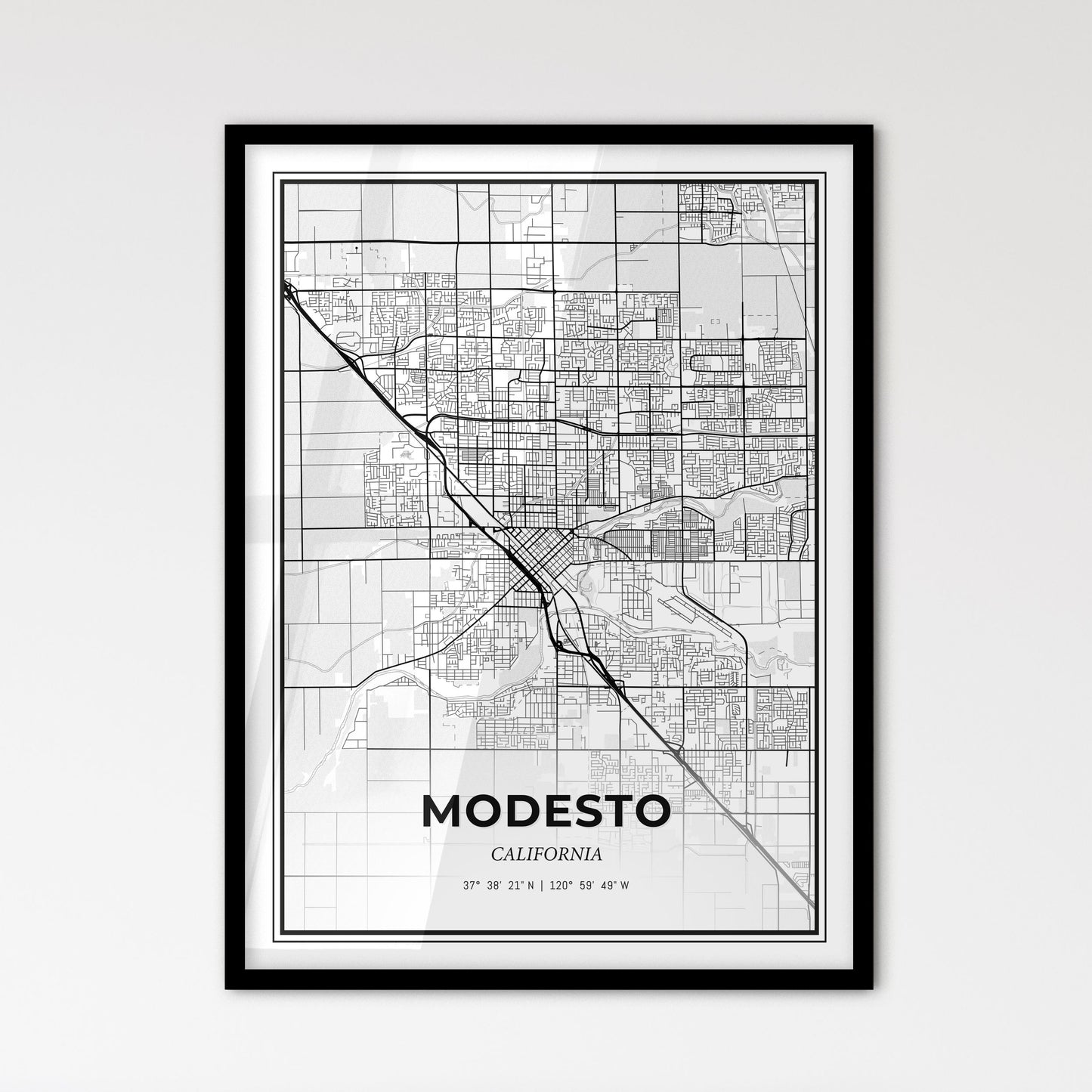 Modesto California - Scandinavian Style City Map for Modern Home Decor