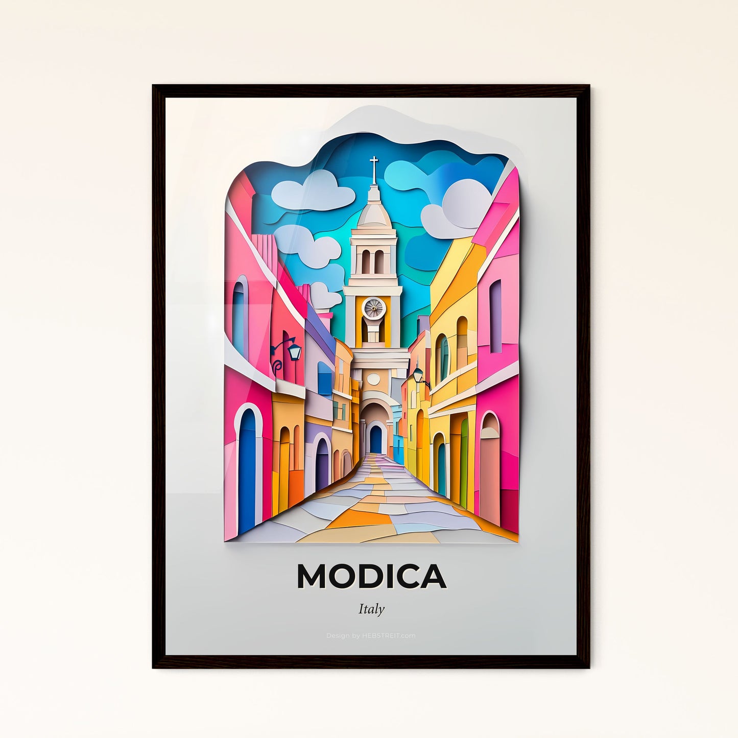 Vivid Modica, Italy - a paper cut of a church tower in a city