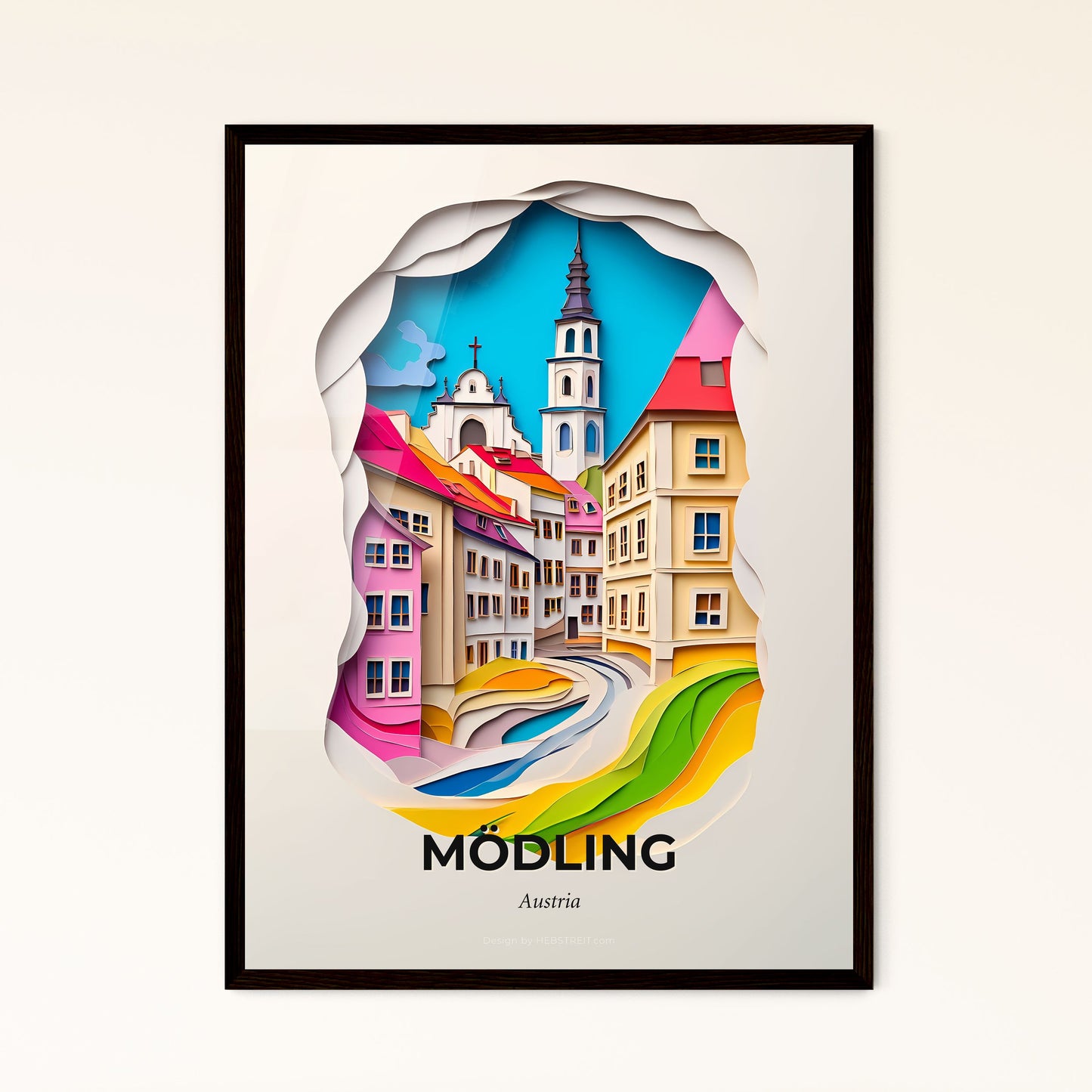 Vivid Mödling, Austria - a paper cut of a city with a church