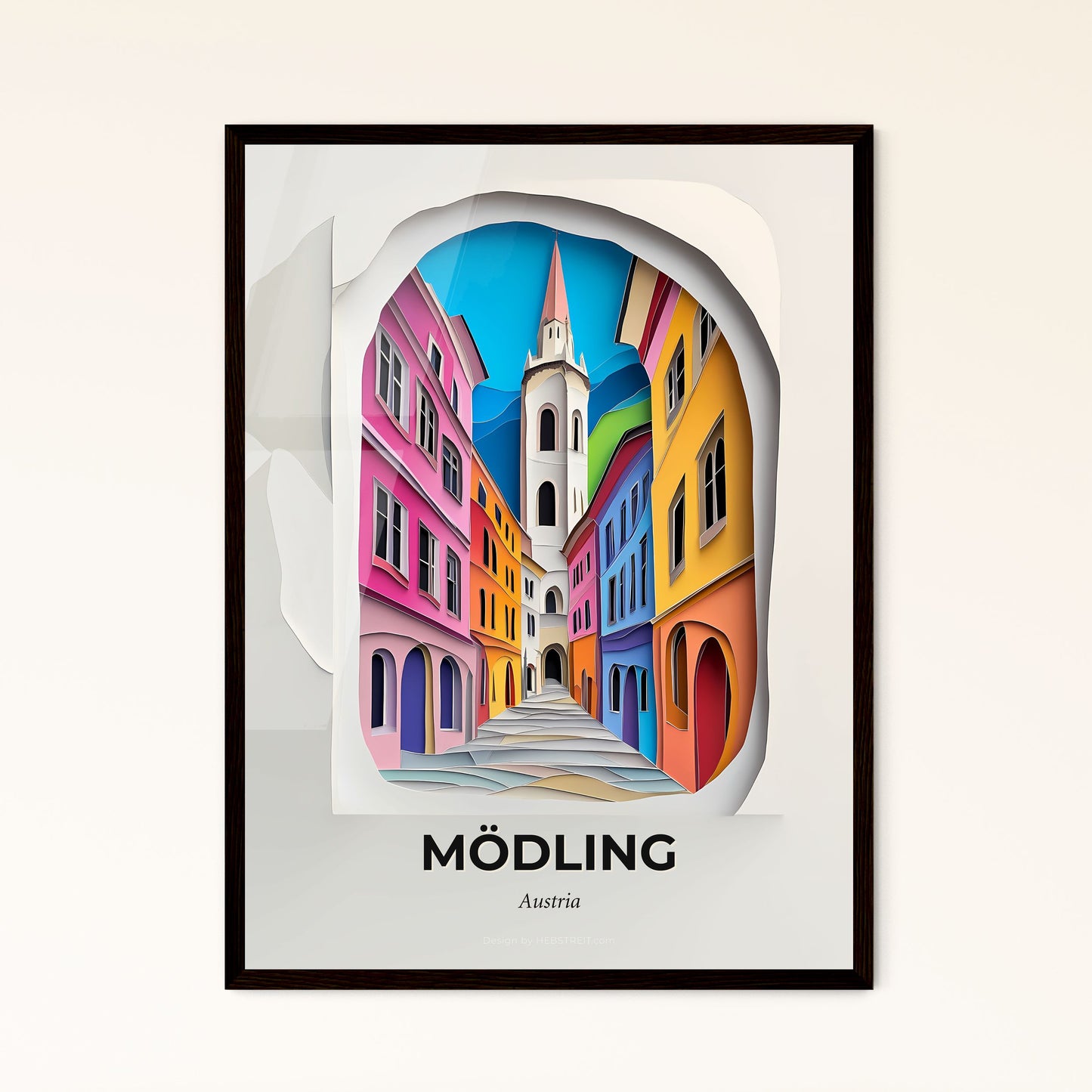 Vivid Mödling, Austria - a colorful city street with a clock tower