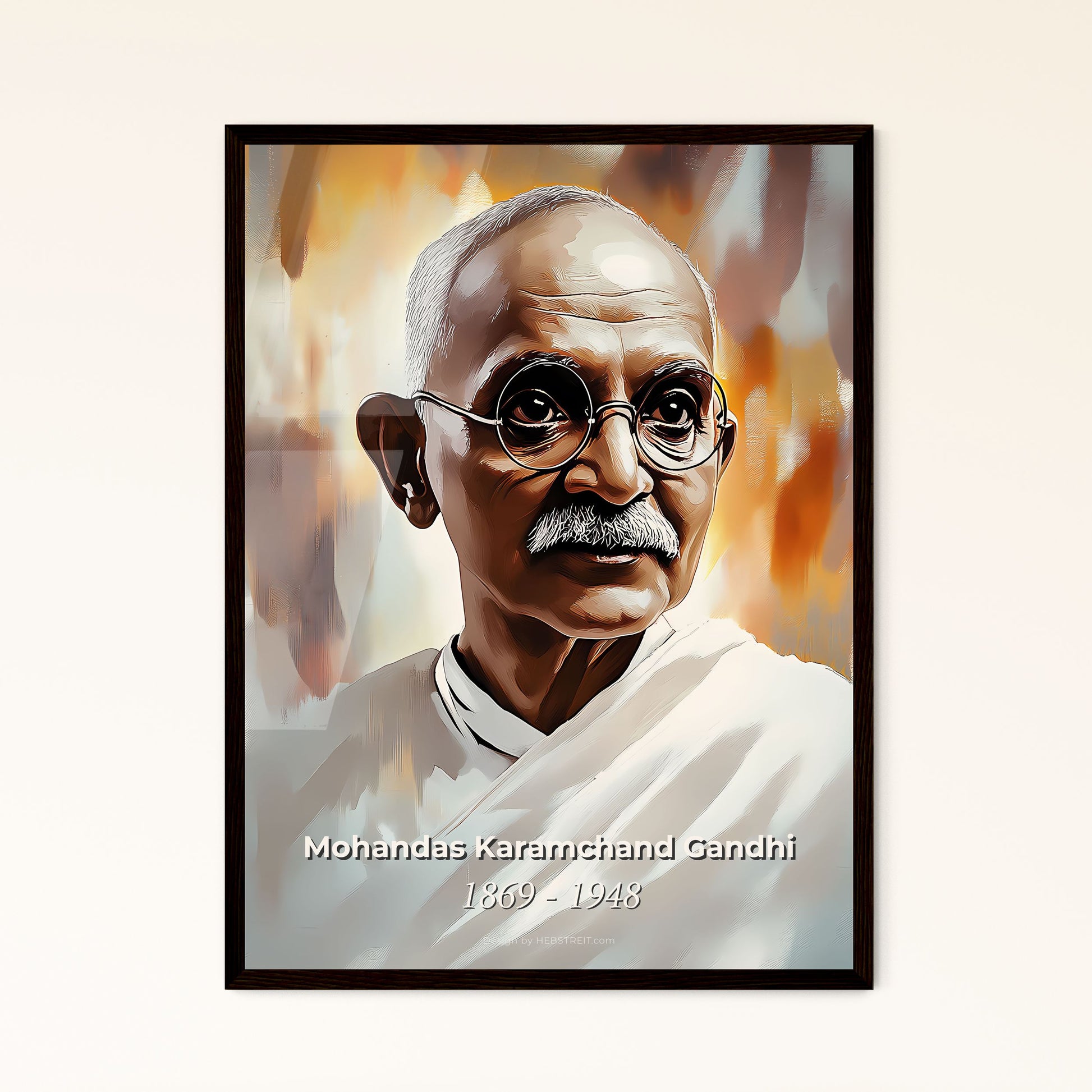 Portrait of Mohandas Karamchand Gandhi, 1869 - 1948. Impressionistic painting of a man wearing round glasses.