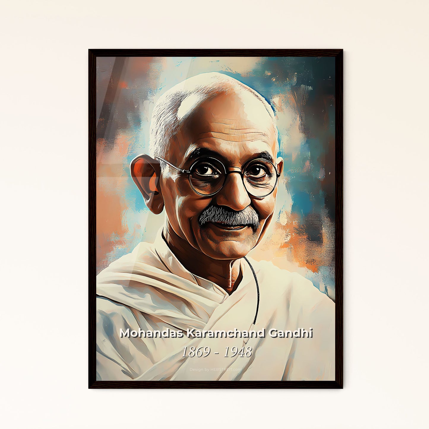 Portrait of Mohandas Karamchand Gandhi, 1869 - 1948. Impressionistic painting of a man wearing glasses and a robe.