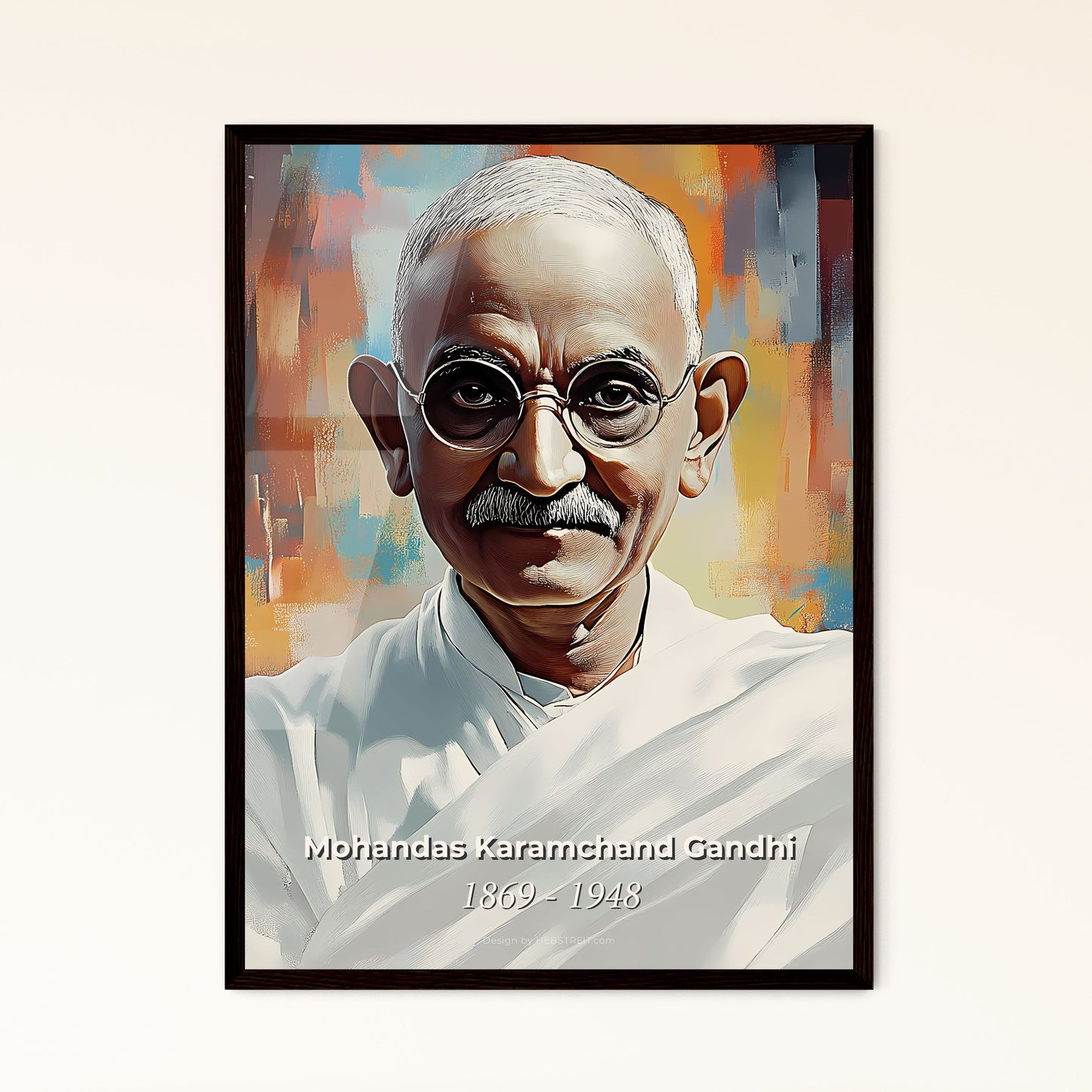 Portrait of Mohandas Karamchand Gandhi, 1869 - 1948. Impressionistic painting of a man wearing glasses and a white robe.