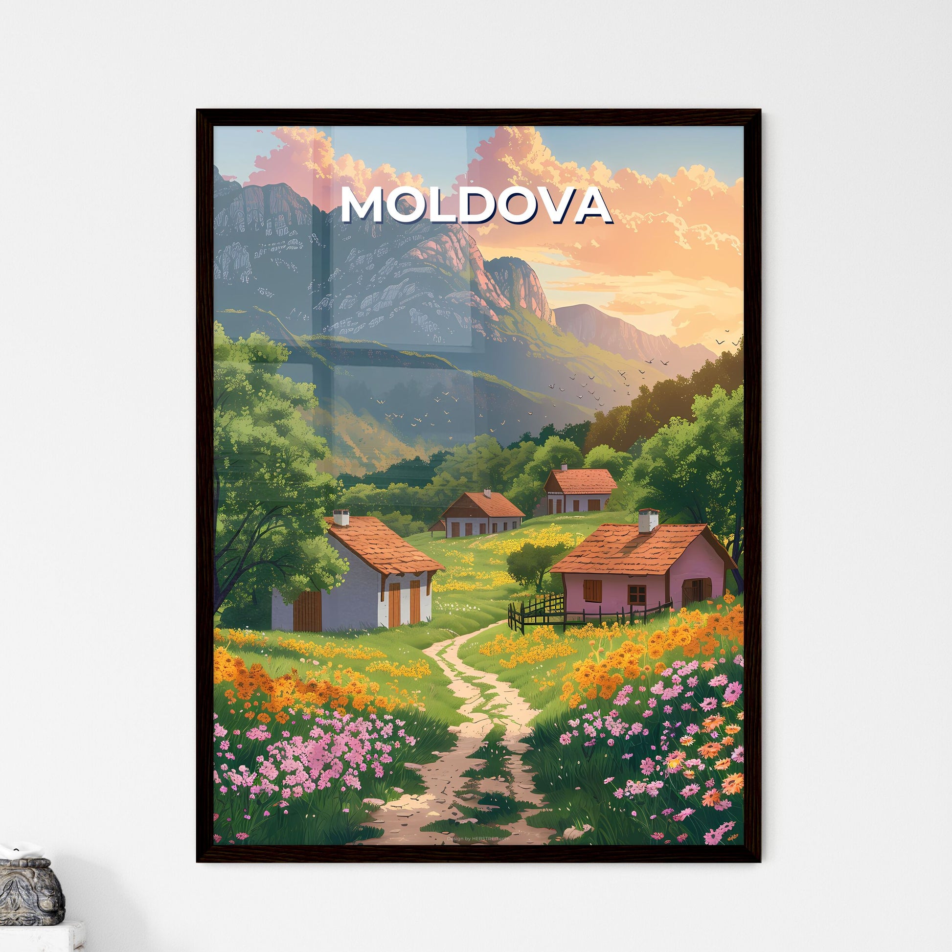 Moldova, Europe - A Vibrant Landscape Painting Adorned with Houses and Flowers, Emphasizing Artistic Expression