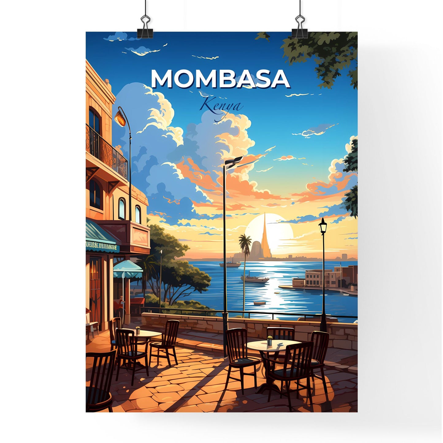 Mombasa Kenya Skyline Art Painting Restaurant Waterfront Dining Coastline City Architecture Default Title