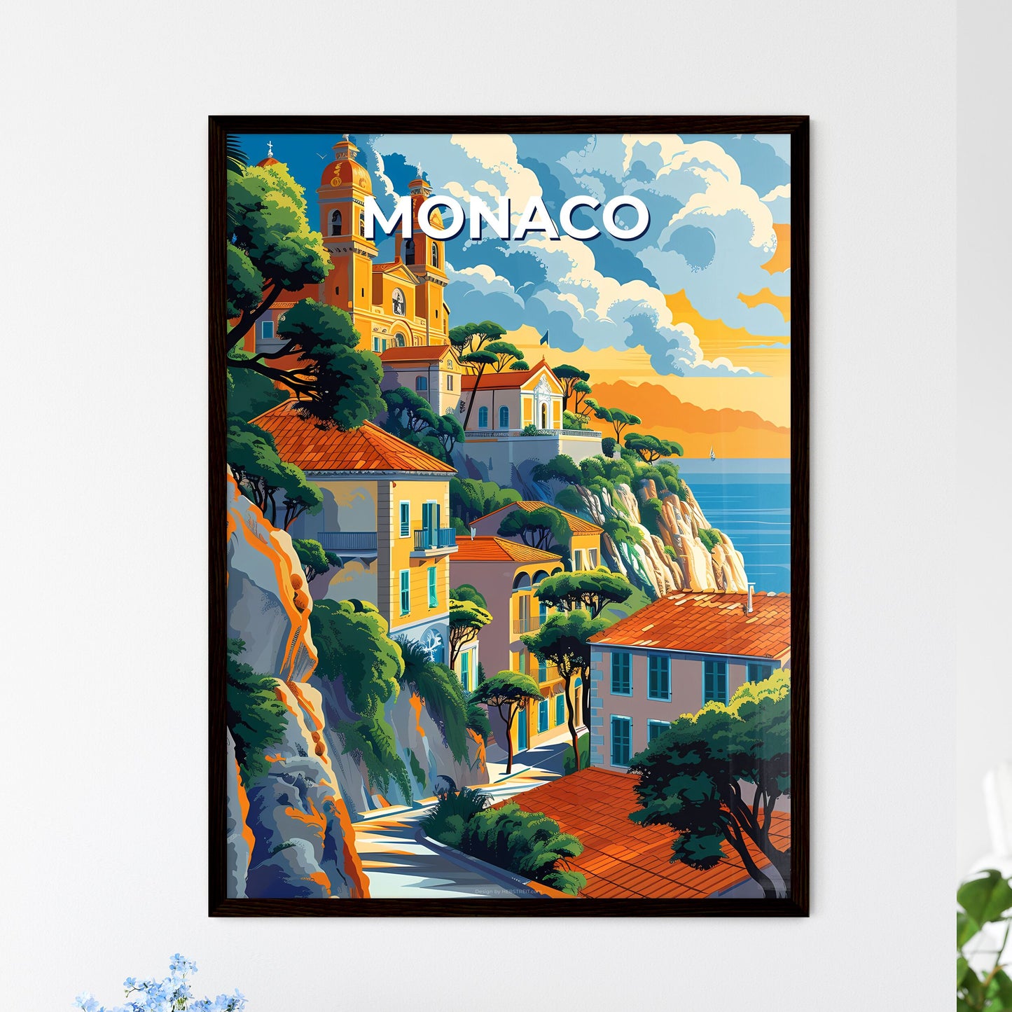 Colorful Art Painting of Monaco, Europe: Scenic Clifftop Town by the Water