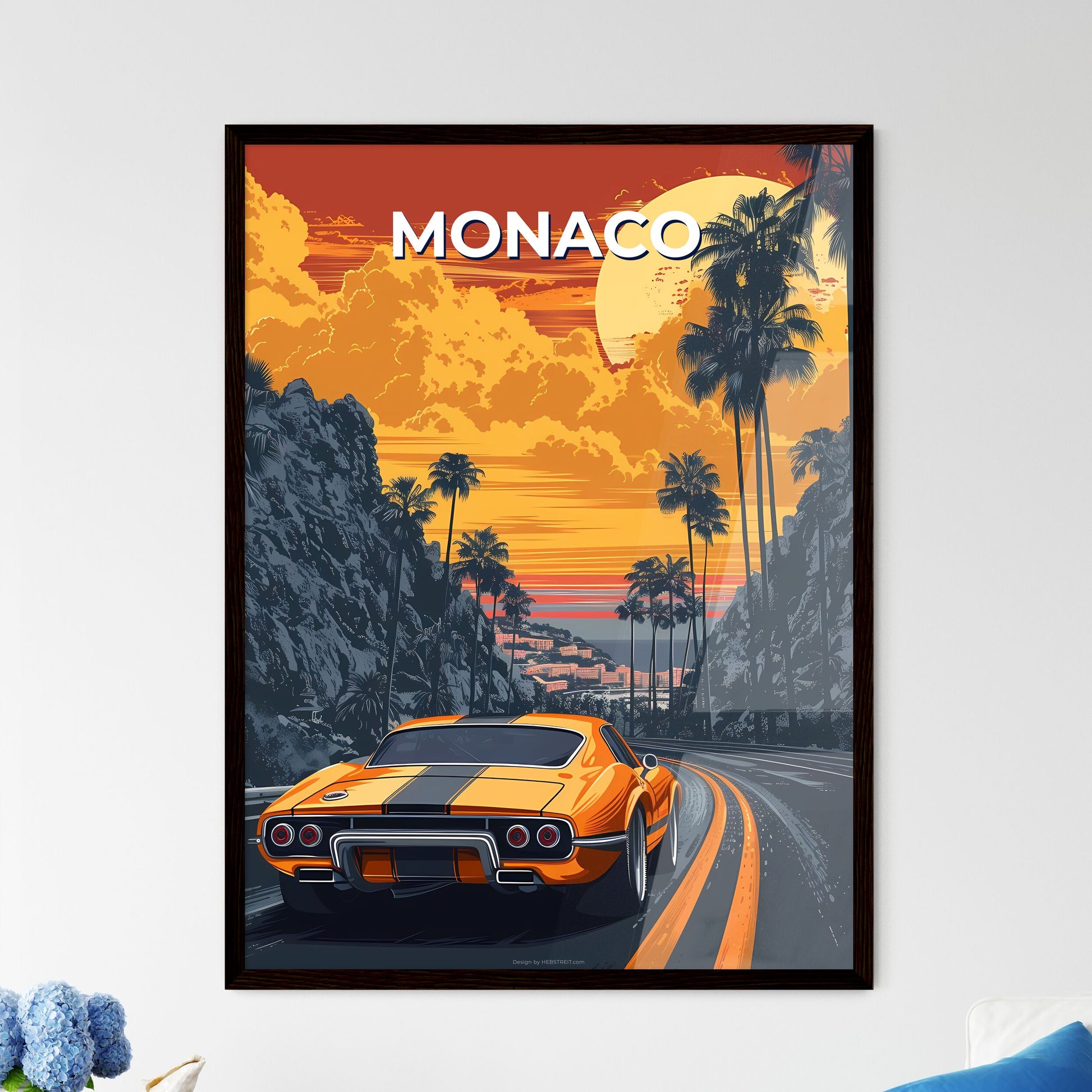 European Art Decor Monaco Road Painting, Cityscape, Palm Trees, Mountains