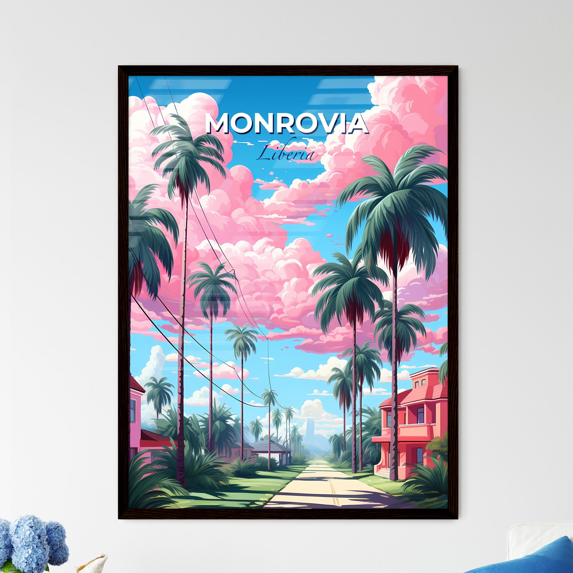 Monrovia Skyline Canvas Art - Vibrant Street Scene with Palm Trees and Houses Default Title