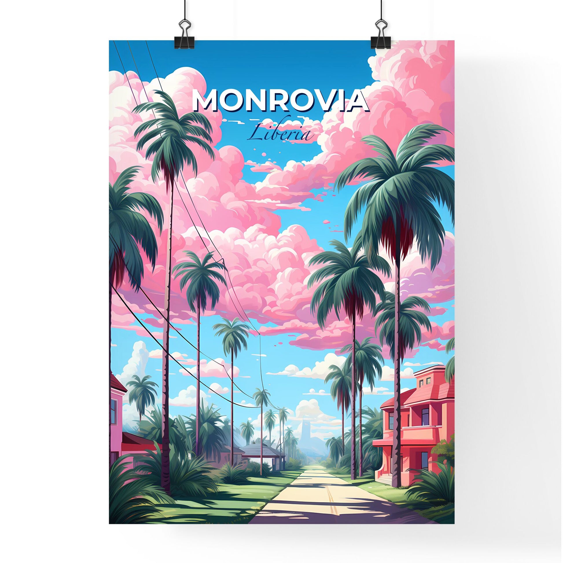 Monrovia Skyline Canvas Art - Vibrant Street Scene with Palm Trees and Houses Default Title