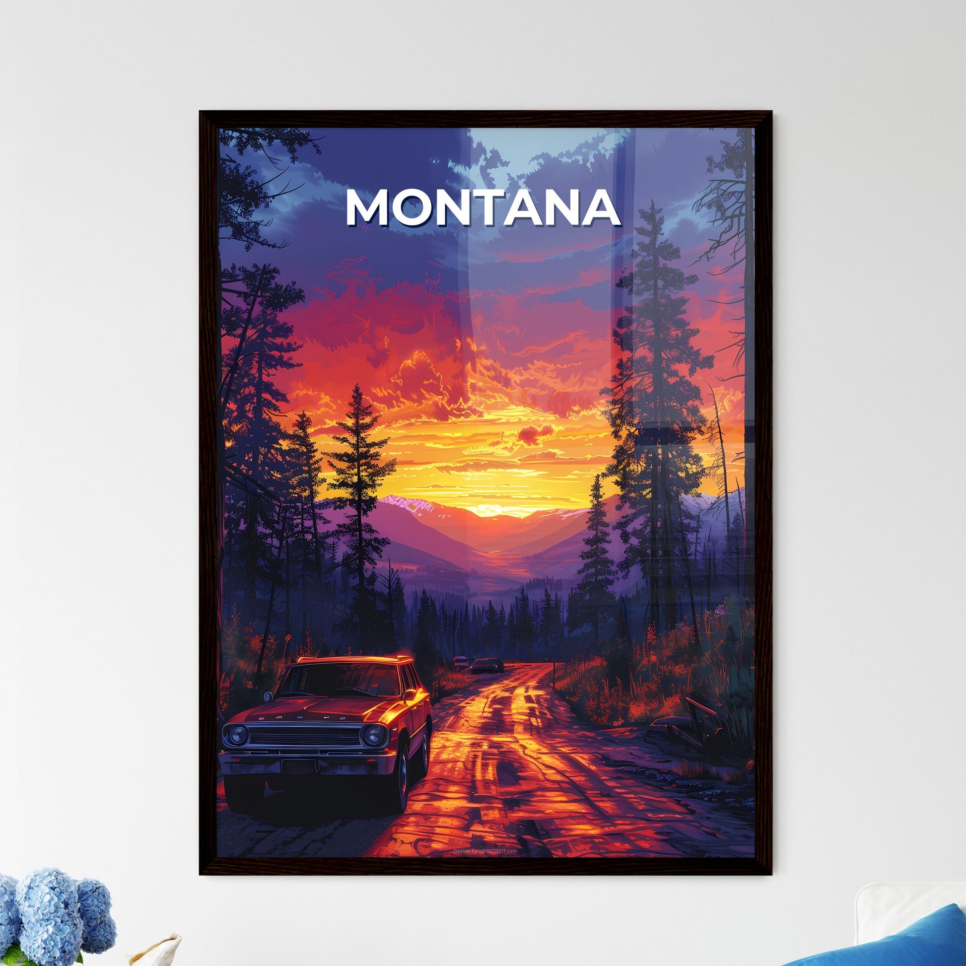 Vibrant Artistic Painting Depicting a Scenic Montana Road Trip with Mountains and Trees