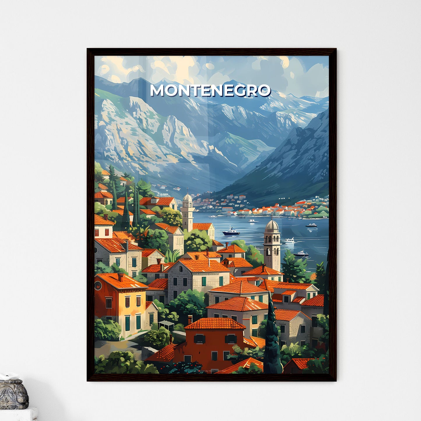 Vibrant Art Depiction of a Town in Montenegro, Europe with Red Roofs, Mountains, and a Body of Water