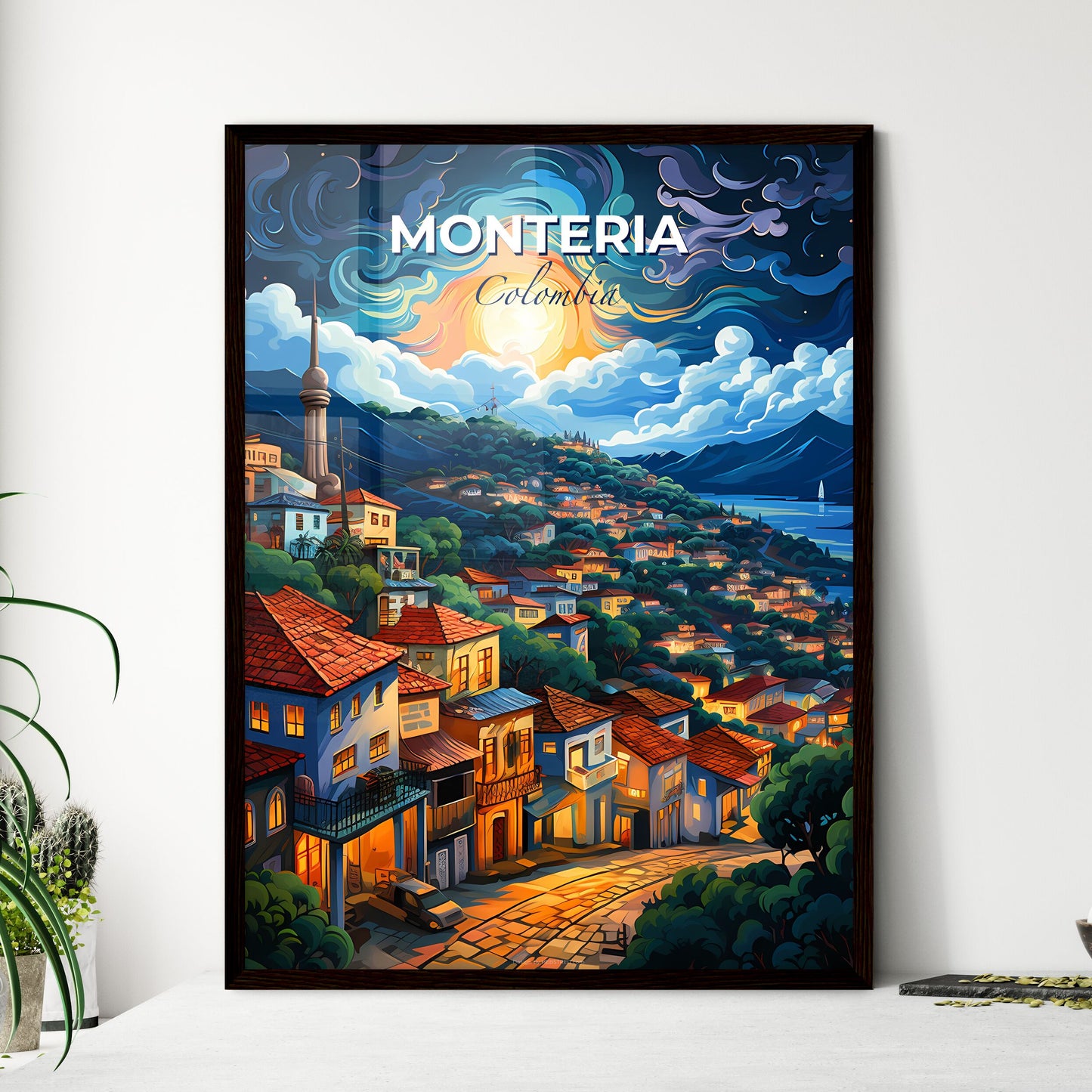 Vibrant Painting of Monteria Colombia Skyline Depicting a Hilltop Town, Art, Artwork, Impressionistic, Painting, Canvas, Modern, Artistic Default Title