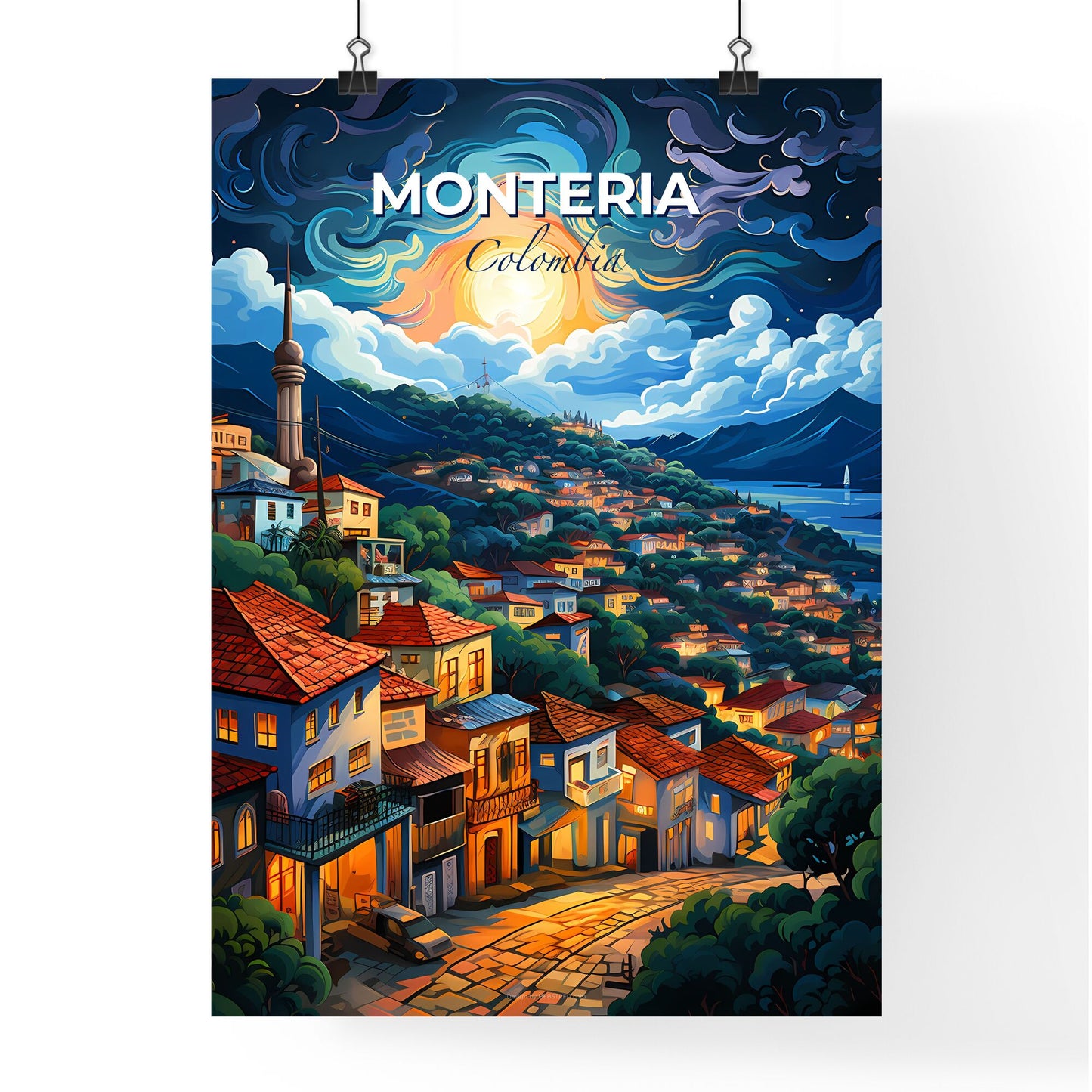 Vibrant Painting of Monteria Colombia Skyline Depicting a Hilltop Town, Art, Artwork, Impressionistic, Painting, Canvas, Modern, Artistic Default Title