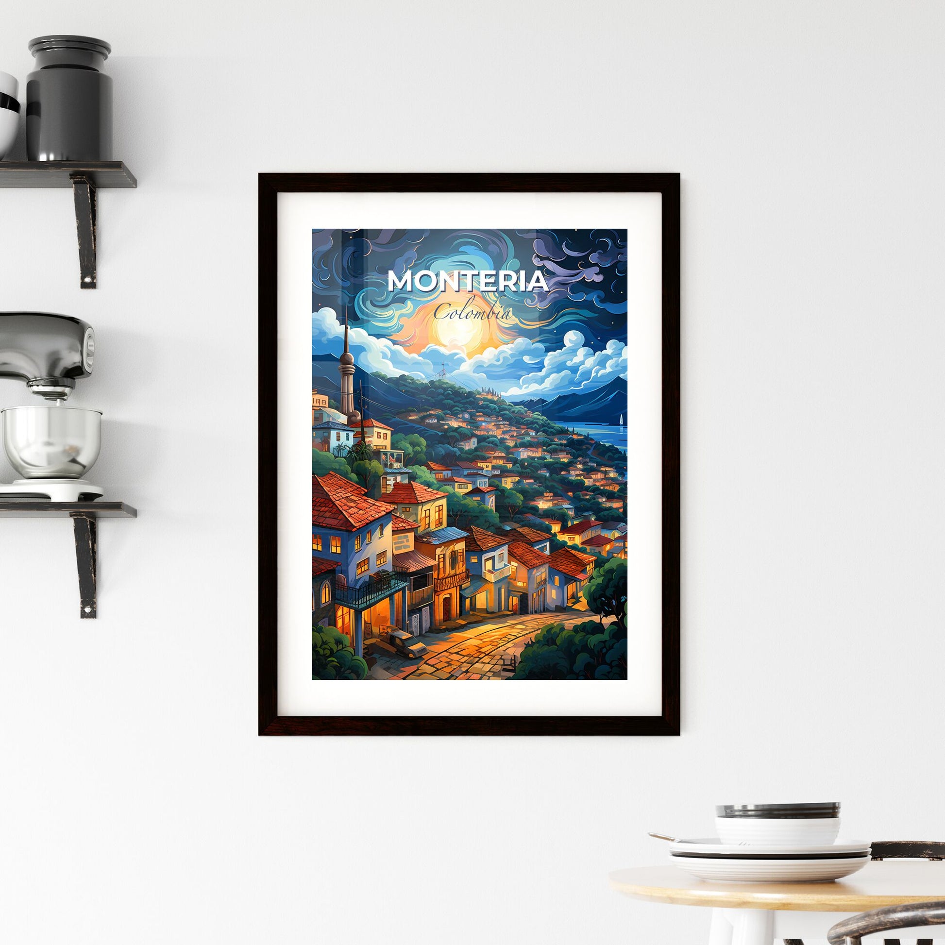 Vibrant Painting of Monteria Colombia Skyline Depicting a Hilltop Town, Art, Artwork, Impressionistic, Painting, Canvas, Modern, Artistic Default Title