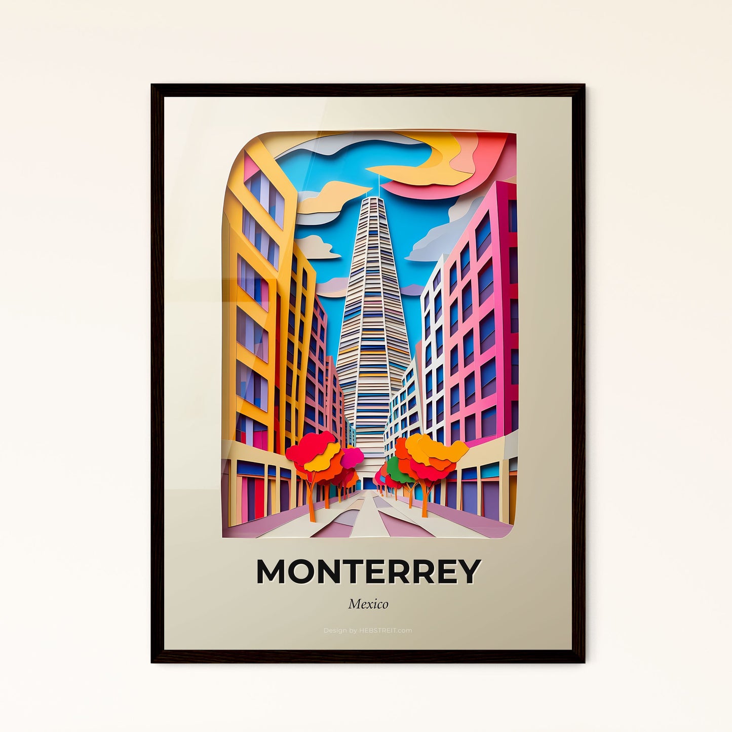 Vivid Monterrey, Mexico - a paper cut of a city street with a tall building